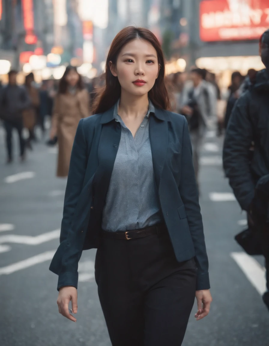 Against the backdrop of people walking at Shibuya intersection, Morning sky, natural light, Adjust the lighting to match the scene......., sharp, sharp, close up shot, shirt, Same move......, Half-body photo, japan, in Tokyo, In Tokyo Shinjuku, In NeoTokyo, dreamy, dreamy, Morning sky, Action Scenes, Marvel., sci-fi, lifelike, sharp,