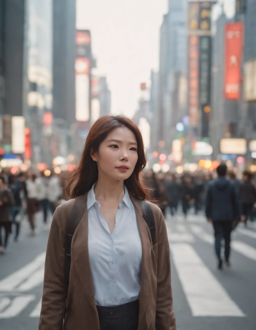 Against the backdrop of people walking at Shibuya intersection, Morning sky, natural light, Adjust the lighting to match the scene......., sharp, sharp, close up shot, shirt, Same move......, Half-body photo, japan, in Tokyo, In Tokyo Shinjuku, In NeoTokyo, dreamy, dreamy, Morning sky, Action Scenes, Marvel., sci-fi, lifelike, sharp,