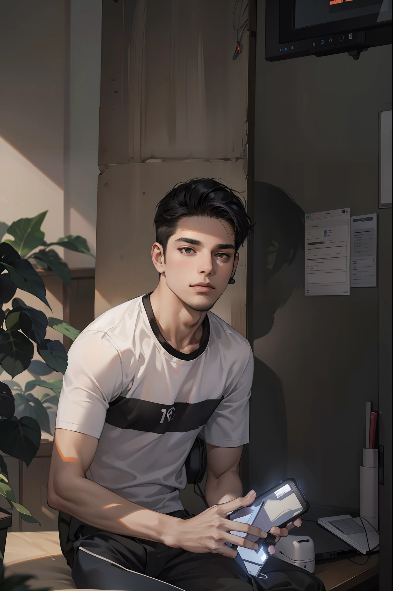 Masterpiece, high quality, best quality, HD, realistic, perfect lighting, detailed body, 1 man, short black hair, white t-shirt, calm expression, wearing headphones, facing the computer monitor, in the room