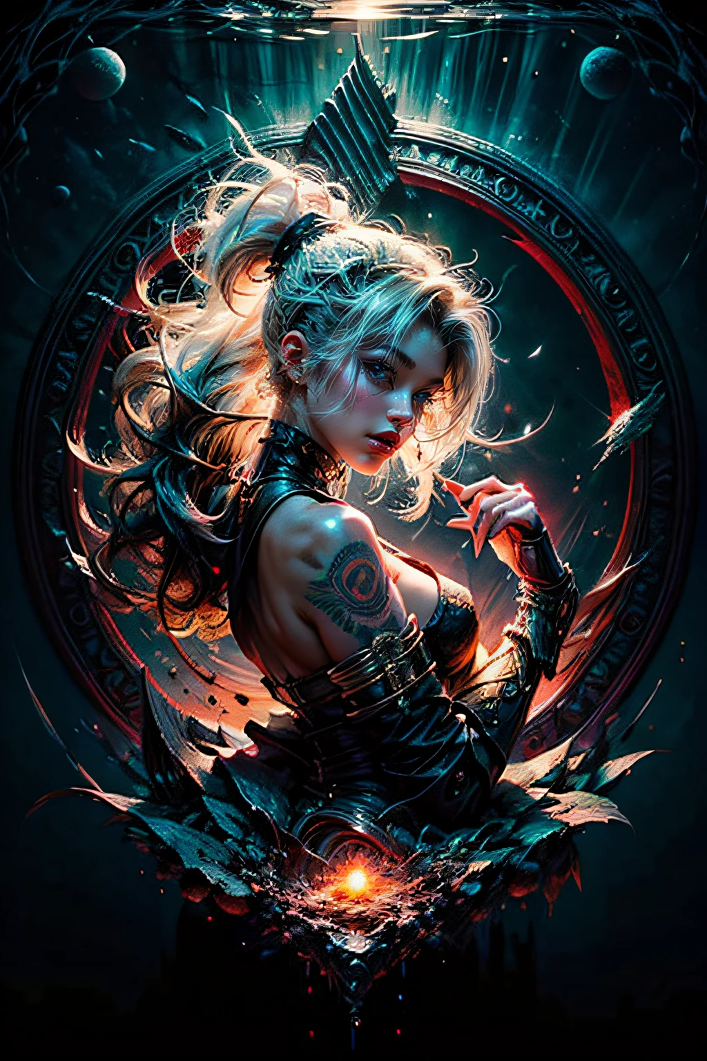 a 20 yo woman, blonde, (hi-top fade:1.3),cute girl , dark theme, soothing tones, muted colors, high contrast, (natural skin texture, hyperrealism, soft light, sharp),geometric abstract background, Diving Into The Ether Flowing with The Eternal Soul Through Vibration of love, red color design and graphics, esoteric art, depth of field (entangle, mandala, geometric abstract, tangle, entangle), aesthetic, (dynamic angle:1.4), (floating colorful sparkles:1) the most beautiful form of chaos, elegant, a brutalist designed, vivid colors , romanticism, shining in darkness, wavy, symmetrical features, symmetrical vertical miniature design, Paisley pattern, firefly's ,cinematic light, A sexy woman in armor, legendary warrior , A beautiful babe, sex pose, erotic design , erotic face, erotic pose, pore white hair, small tits, big eyes, sexy eyes, body covered with tattoo, red lips, sexy lips, sexy face, naked, erotic, erotic pose, FULL BODY, , glowing light eyes ,cosmic, divine, Biomechanical, masterpiece, best quality, night, mountain, full moon, long hair, woman, firefly, stars, mysterious cherry blossom tree, pink leaves, high quality, beautiful graphics, high detail