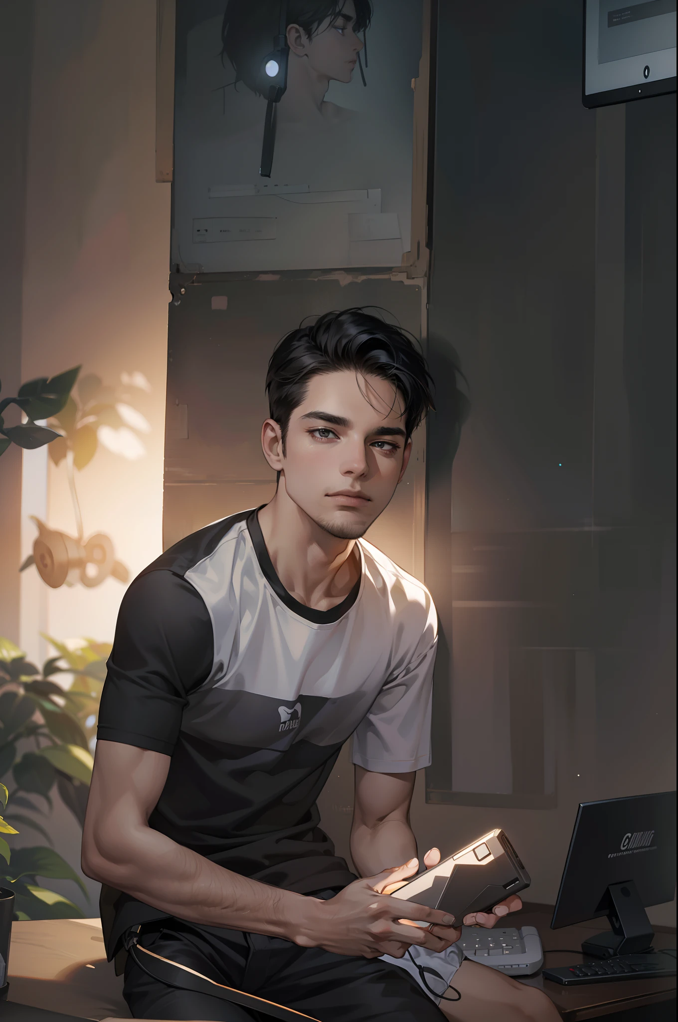 Masterpiece, high quality, best quality, HD, realistic, perfect lighting, detailed body, 1 man, short black hair, white t-shirt, calm expression, wearing headphones, facing the computer monitor, in the room