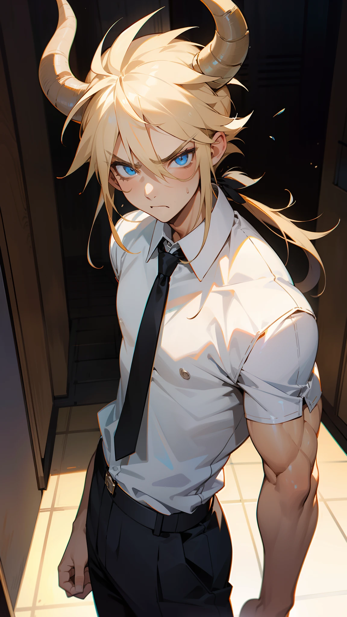 masterpiece, best quality,teen boy, blue eyes, white shirt, black pants ,black tie,long hair, blonde hair, horns,angry face,((small muscular, boy with muscles)),walking in a school hallway,cowboy shot,close-up