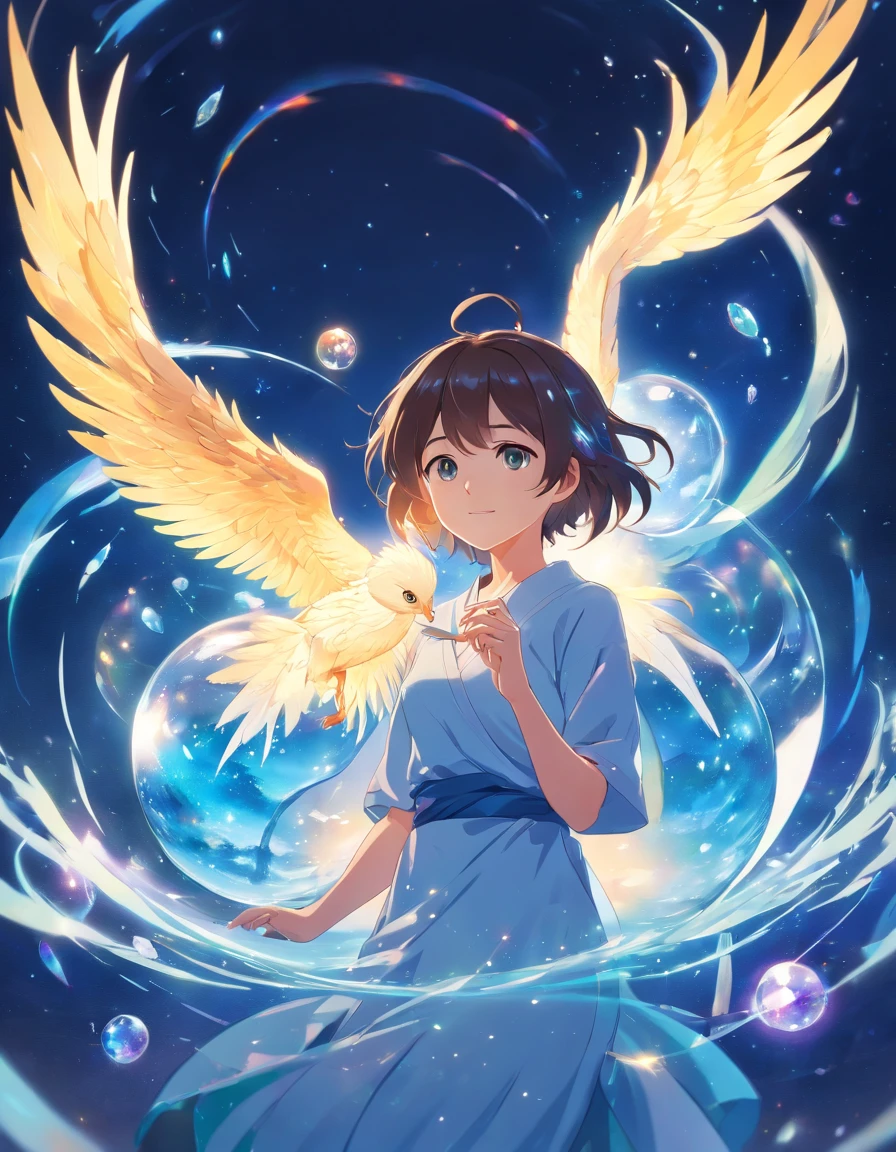 (best quality,8k,highres,masterpiece:1.2),ultra-detailed,realistic,crystal ball,baby phoenix,low poly eyes,detailed intricated concept art,trending artstation,sparkling,shimmering,ethereal,glowing,mythical creature,hatching from its shell,strong wings,fluffy feathers,bright colors,vibrant hues,translucent,led by the light,emerging from darkness,peaceful expression,magical aura,surreal background Keywords(how to strengthen the meaning): [adorable], [cute], [intricate], [trending], [ethereal], [vibrant], [magical], [surreal]