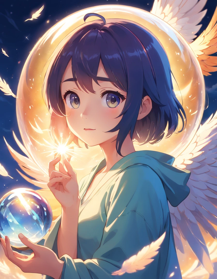 (best quality,8k,highres,masterpiece:1.2),ultra-detailed,realistic,crystal ball,baby phoenix,low poly eyes,detailed intricated concept art,trending artstation,sparkling,shimmering,ethereal,glowing,mythical creature,hatching from its shell,strong wings,fluffy feathers,bright colors,vibrant hues,translucent,led by the light,emerging from darkness,peaceful expression,magical aura,surreal background Keywords(how to strengthen the meaning): [adorable], [cute], [intricate], [trending], [ethereal], [vibrant], [magical], [surreal]