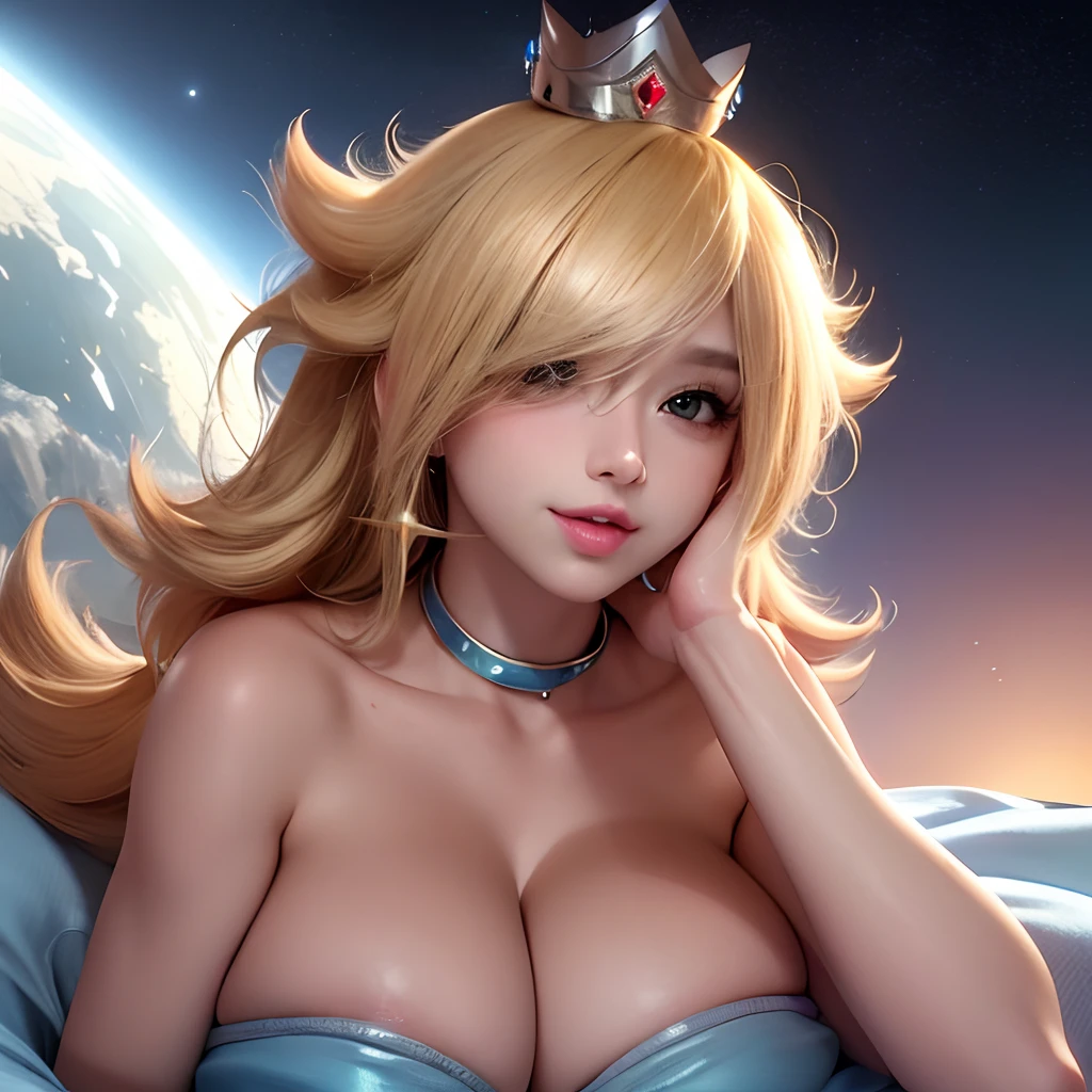 ultra detailed 8k cg, perfect face, beautiful face, mature female,large breasts,1 girl,solo,crown, space, big smile