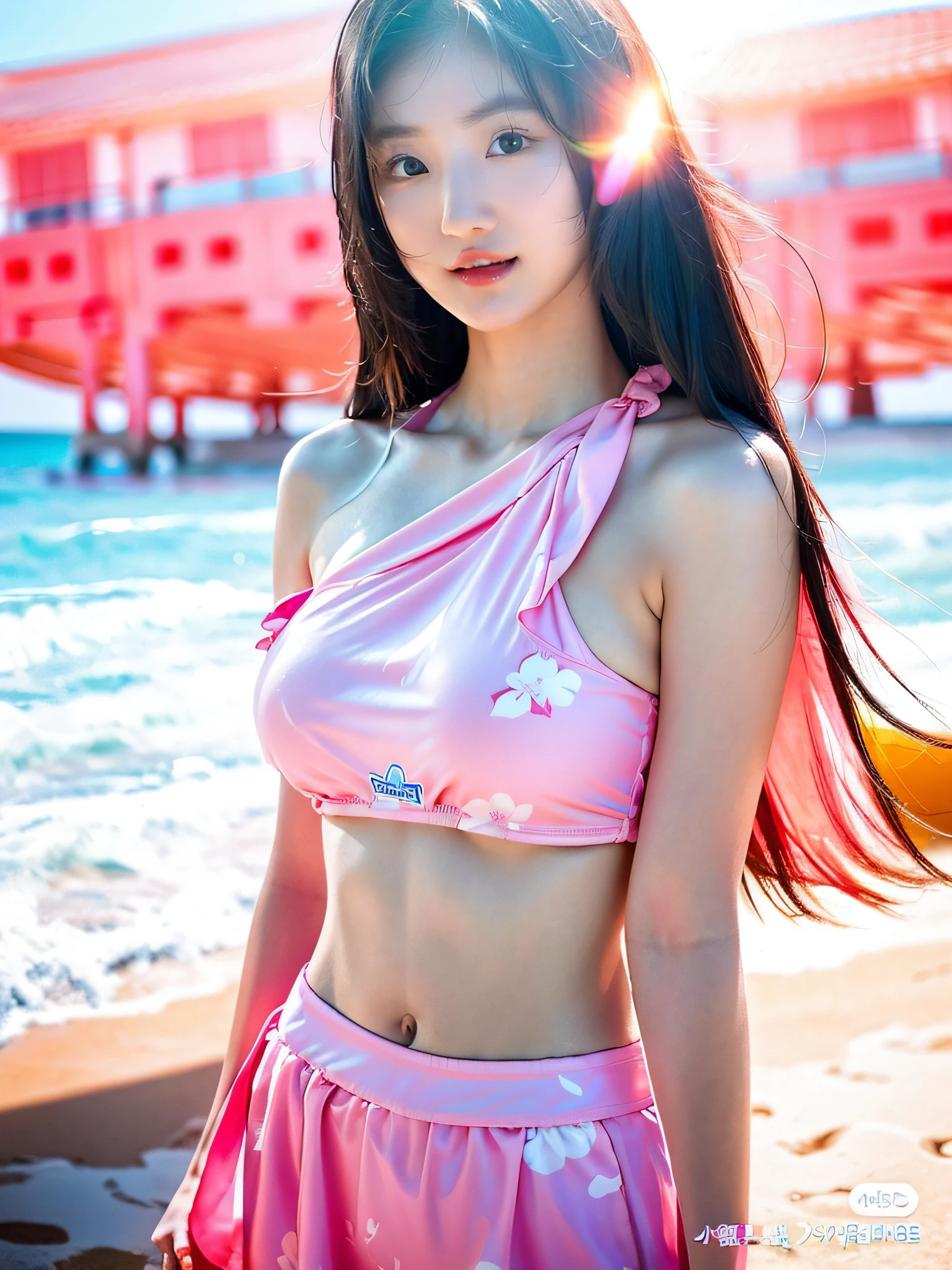 a close up of a woman in a pink dress on a beach, wearing two - piece swimsuit, beautiful south korean woman, hot with shining sun, gorgeous young korean woman, korean girl, beautiful asian girl, beautiful young korean woman, light pink bikini, swimsuit, is wearing a swimsuit, pale pink bikini, gorgeous chinese model, asian girl, attractive pose, cute bikini