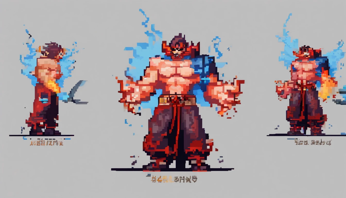 middle aged man, Evil painting style, A low resolution, Black color hair one bang infront, warrior, blue flame demon, Expression of anger, Perfect body proportions, Black baggy pants and blue tank top, Handsome, standing on your feet, (White background:1.3), martial artist, red flame aural。。。。。。。。。。。。。。。。。。。。。。。。。。。。, (Blackn clothes:0.8), High detail, Masterpiece, ccurate, Anatomically correct, Textured skin
