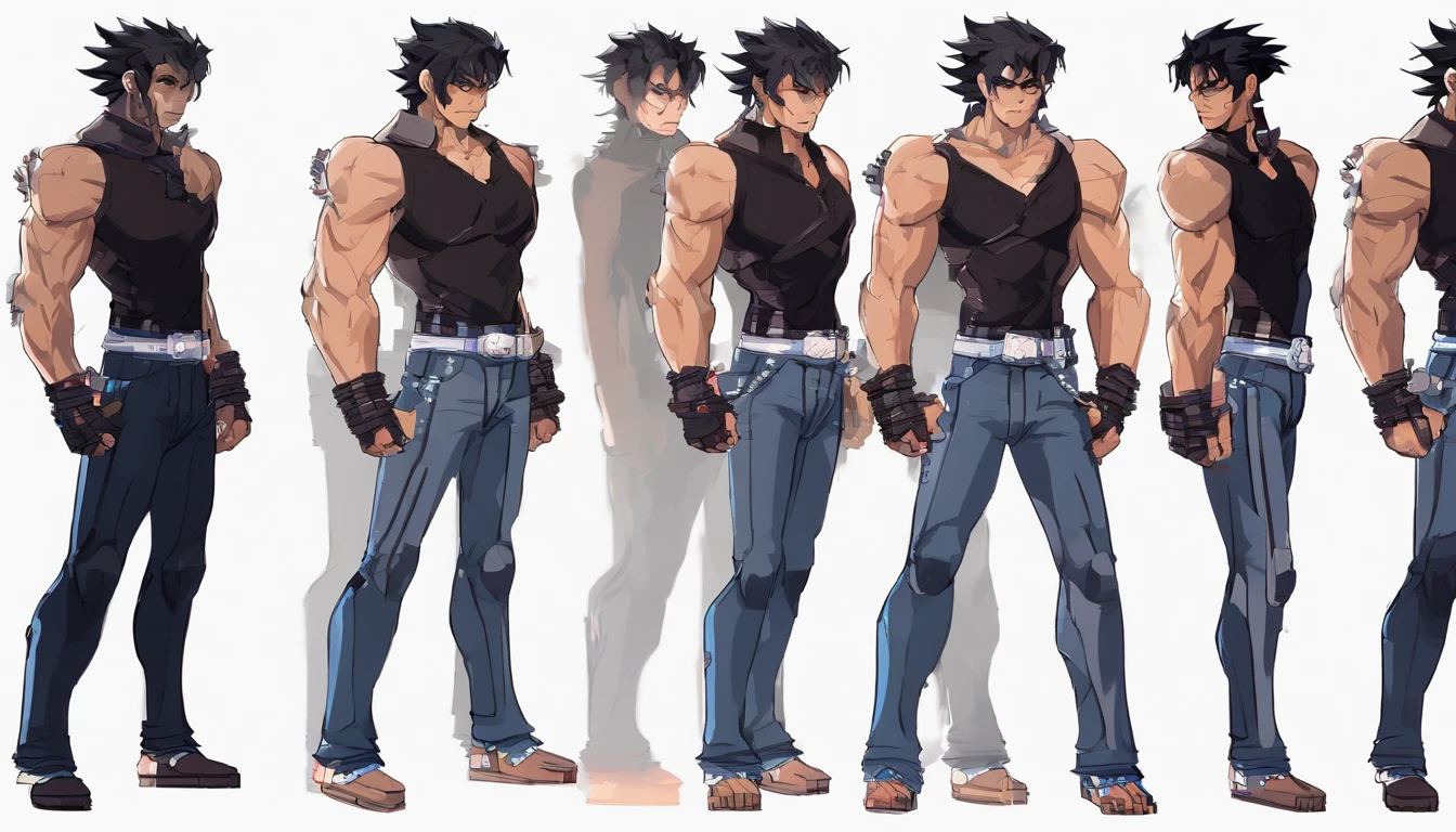 middle aged man, Evil painting style, A low resolution, Black color hair one bang infront, warrior, blue flame demon, Expression of anger, Perfect body proportions, Black baggy pants and blue tank top, Handsome, standing on your feet, （White background：1.3）, martial artist, red flame aural。。。。。。。。。。。。。。。。。。。。。。。。。。。。, （Blackn clothes：0.8）, High detail, Masterpiece, ccurate, Anatomically correct, Textured skin