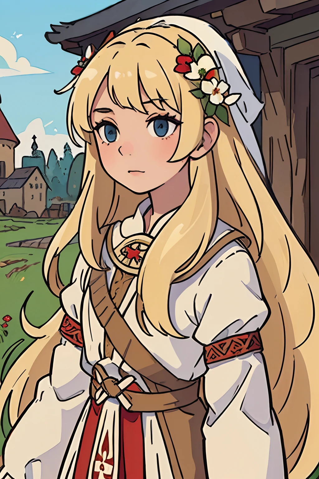 Masterpiece, in detail,Medieval village, Ancient Russia, frontal view, (1 girl), (The woman, Adult, cuteface,East Slavic appearance, red and white East Slavic clothing, A wreath of wildflowers on his head, (blonde long straight hair), goes to the viewer