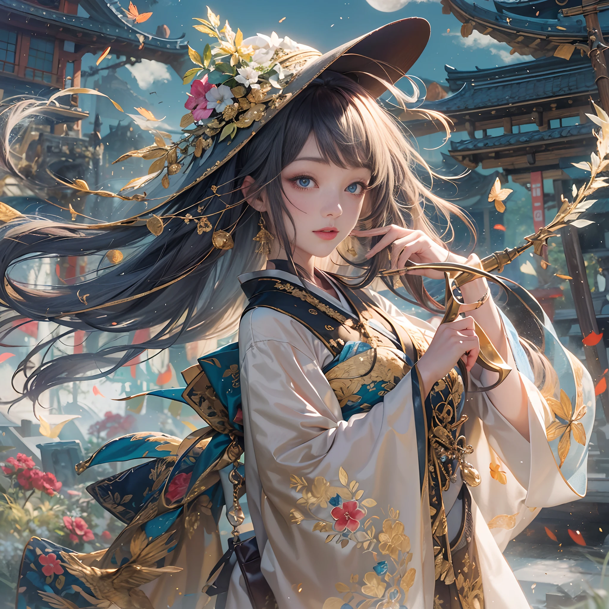 watching at viewers、Background with((ancient city:1.2)And the moon、(dense background:1.5))、BREAK {{{Luxury kimono(Colorful kimono(Detailed golden embroidery,))}}}、face perfect,Depict a beautiful and graceful woman of Japan,poneyTail、Woman with shiny black hair、perfect hand,Heart in the eye。odd eye,full body Esbian,Blur the background with a sickle,((masutepiece)), ((Best Quality))Wallpapers 16K, .Blur the background with a sickle,BREAK,((masutepiece)), ((Best Quality)),epicd(Lige Fries Photography、sony a7、50 millimeters、pores:1.5、Farbe、ultra-detailliert:1.5、film grains:1.4、hyper realisitic:1.5)、octan render、 ultra realistic lifelike textures、masterpiece、unrealengine5、the Extremely Detailed CG Unity 8K Wallpapers、Madly detailed photo、Ultra-realistic light、(Pulitzer Prize for Best Photography、Taylor Wessing Award for Best Photography)