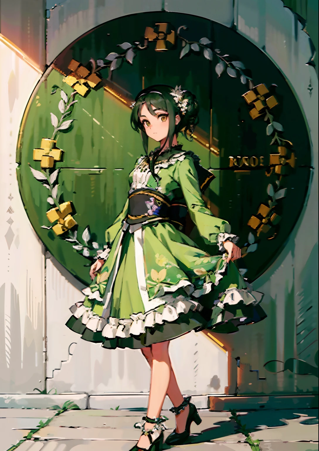 1 fille, ((Masterpiece, Lighting, beaux yeux: 1.2), Ultra-detailed, ultra highres, professional lighting, High quality makeup, beautiful detailed eyes), (beste-Qualit:0.8), Perfect anime illustration, beau, Color background, sinple background, corps entier , regardant_ved_spectvedeur, seulement, (corps entier:1.5), cheveux noirs, yeux verts , seulement,HuasaChili, Huasachina, sash, Robe bouffante, robe, manches courtes bouffantes, collants, chaussures noires, floral print, Printed dress, main sur la hanche, mouchoir,Toph, (aveugle:1.5)