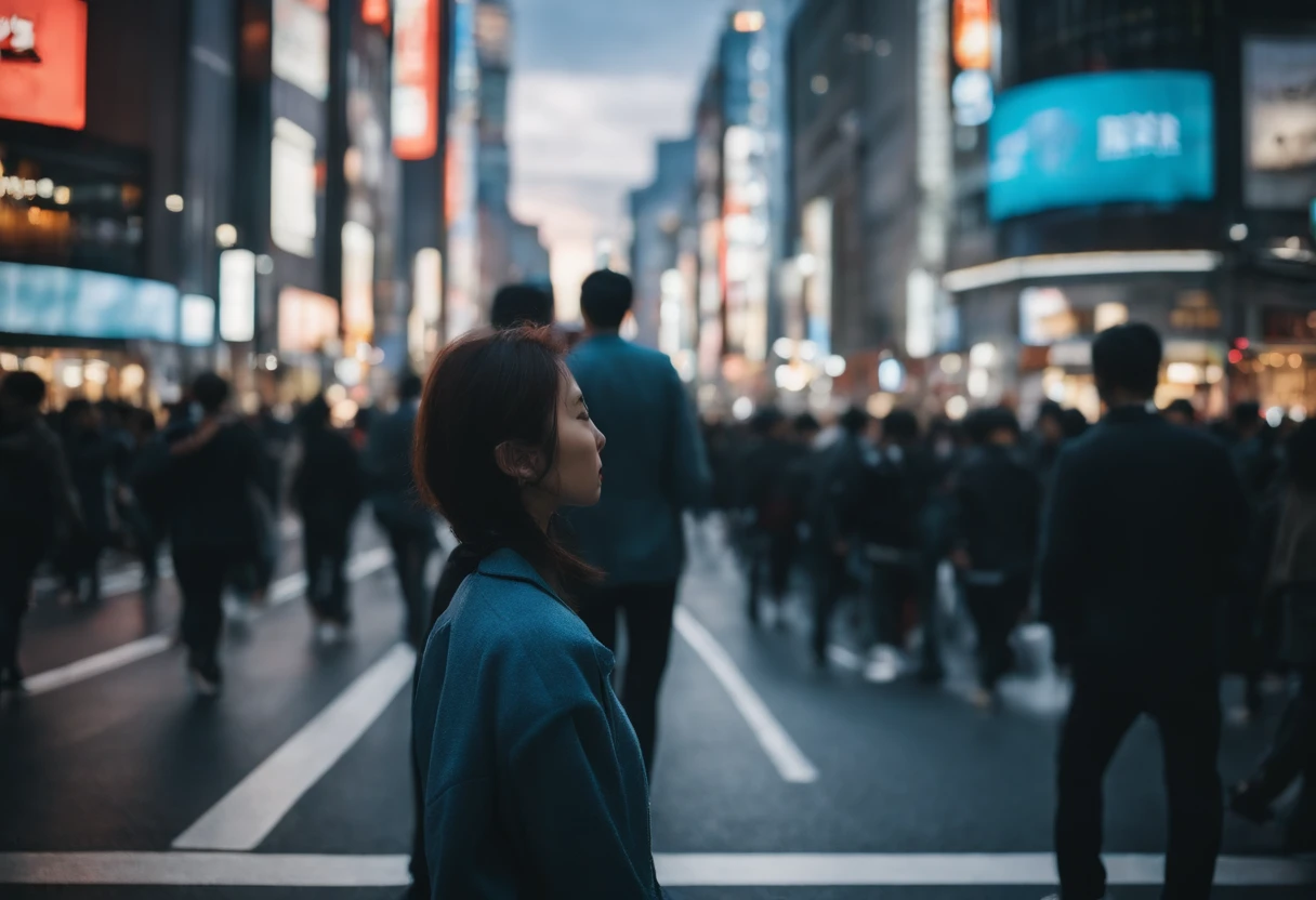 Against the backdrop of people walking at Shibuya intersection, Morning sky, natural light, Adjust the lighting to match the scene........, sharp, sharp, close up shot, shirt, Same move......., Half-body photo, japan, in Tokyo, In Tokyo Shinjuku, In NeoTokyo, dreamy, dreamy, Morning sky, Action Scenes, Marvel., sci-fi, lifelike, sharp,