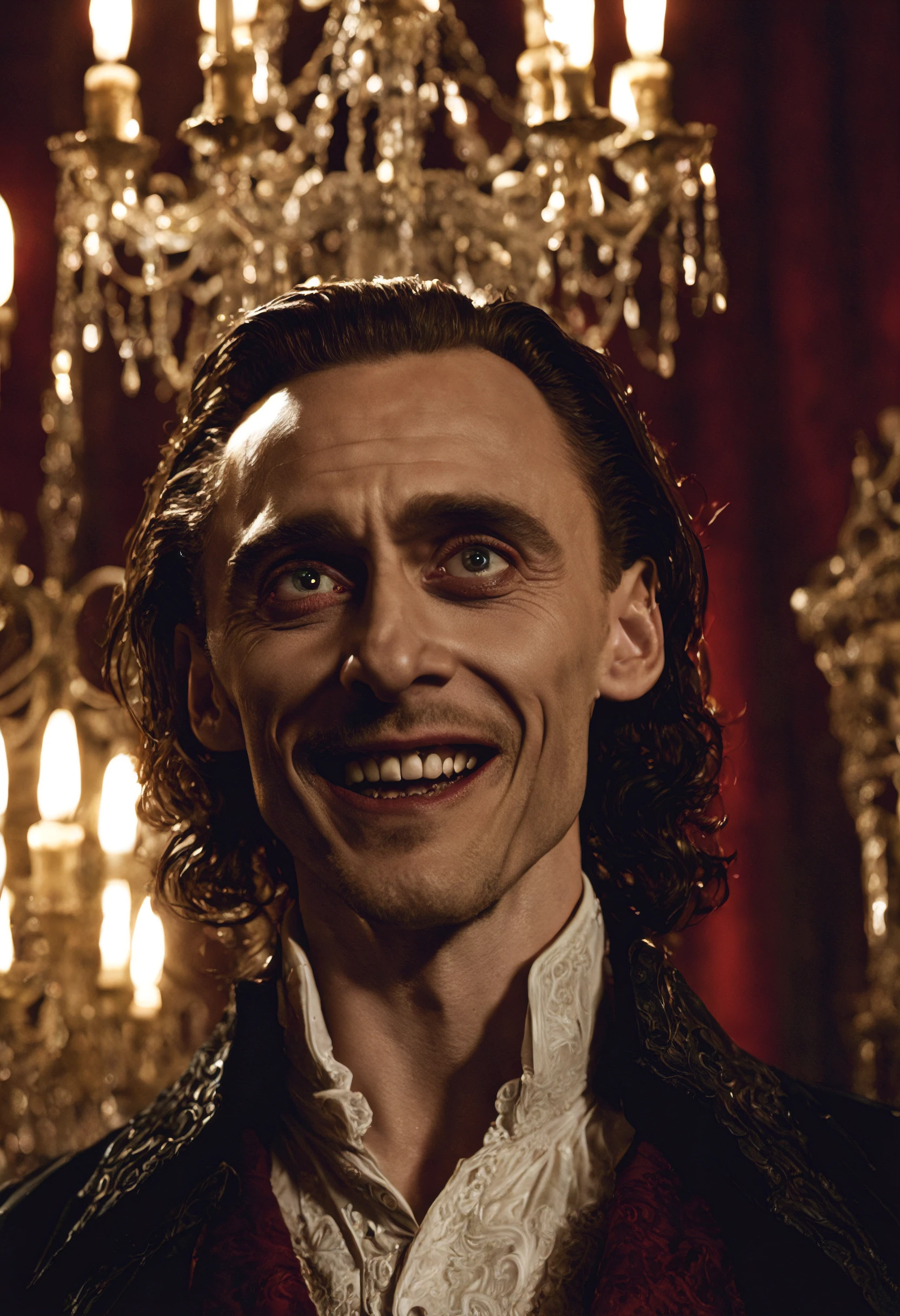 closeup cinematic still of (Tom Hiddleston) as dracula, toothy grin with long canine-teeth bared, (1800s) inside creepy mansion, red, chandelier, standing glaring, perfect eyes, detailed face, foreboding, menacing, sinister, creepy, (bram stokers dracula movie), analog, high saturation