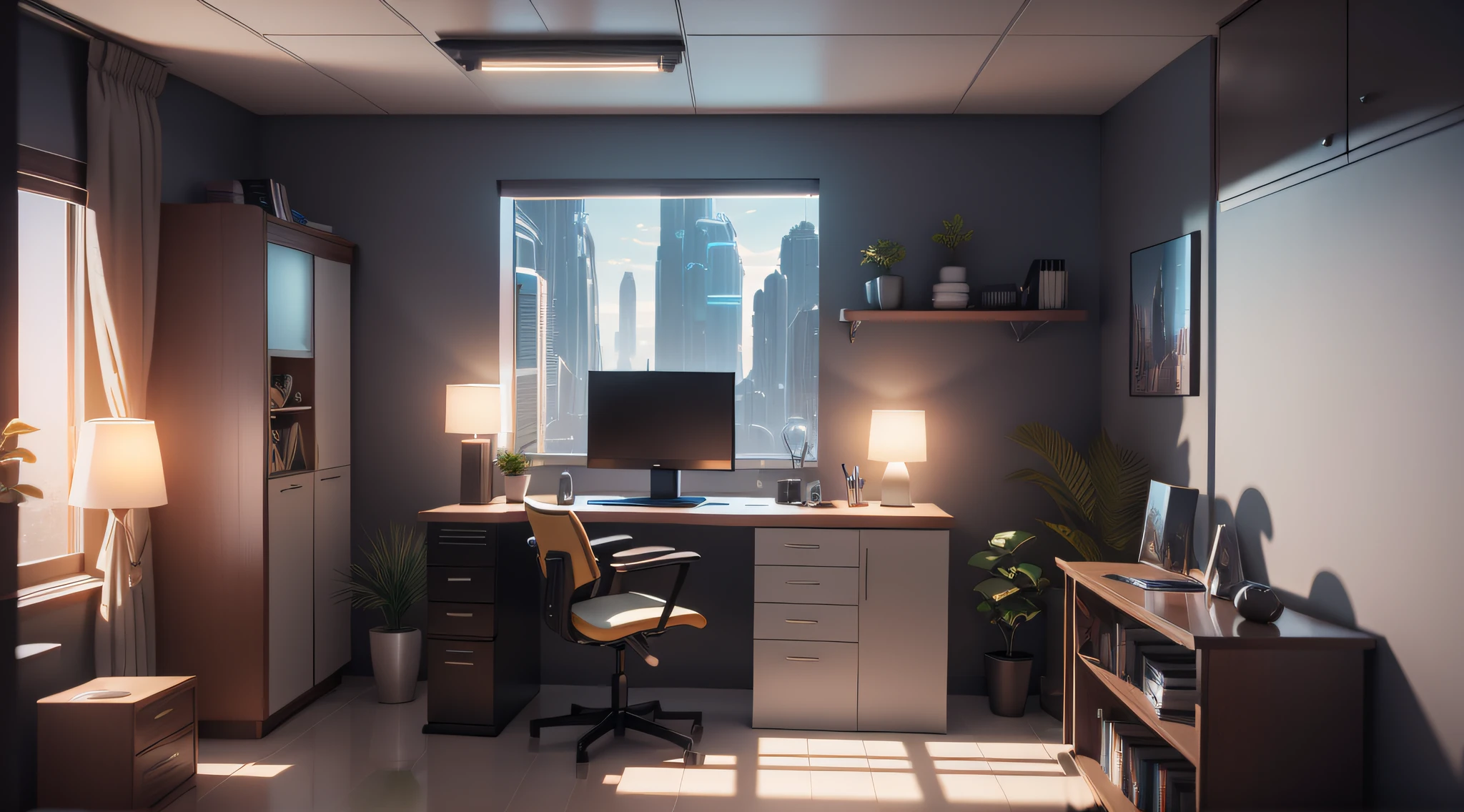 there is a computer desk with a chair and a vase in the corner, cgsociety 9, jessica rossier color scheme, retro futuristic apartment, futuristic. game cg, rendered in lumion pro, sci - fi interior, octane render : :, rendered in lumion, matte painting of steam machines, from a 2 0 1 9 sci fi 8 k movie