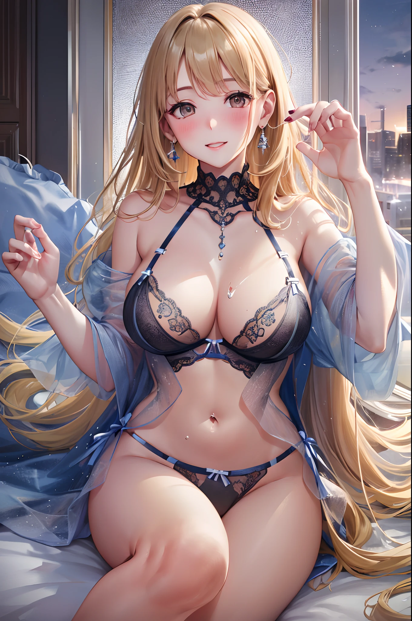 Move the center of gravity back、quite embarrassing、pantyless、Thin leg,top-quality、 超高分辨率、Detailed depiction of the face、The details are described perfectly、Fine face、Beautiful face、Stunning appearance、photorealistic skin tone、Delicate nail depiction、Detailed finger depiction、Detailed foot depiction、Gentle expression、front-facing view、Light effects、on top of the bed、Cute big breasts,CG's art style,(Naked:1.5),(Lingerie transparent:1.5),(Blushing face:1.4),8K,blond hairbl、straight long hair、ssmile、 hair adornments,Wet skirts,Transparent bra,Transparent dress,The thighs open slightly