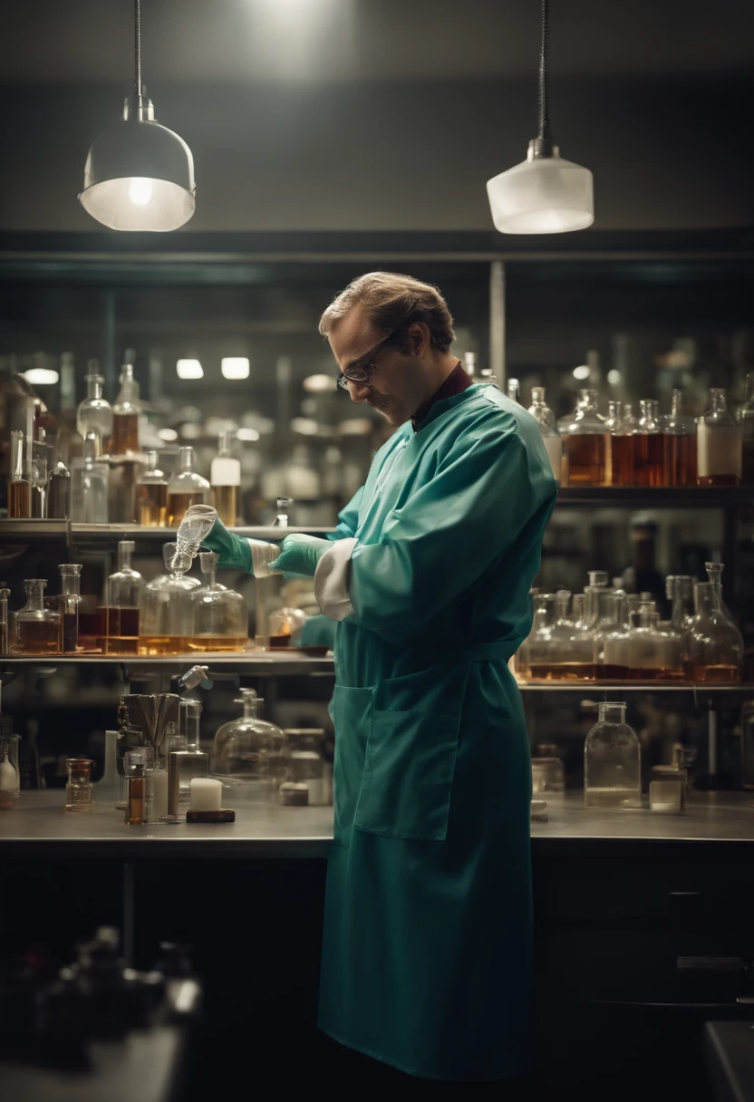 Arafed man in the lab holding a glass of liquid inside, he is in a alchemist lab, Mad Scientist at Work, Portrait of a scientist, rat-crazed, poetic sequence in mr. clean, russian lab experiment, Elite Scientist, Portrait of a Hydromancer Man, Scientist, in the underground laboratory, foxish guy in a lab coat, molecular
