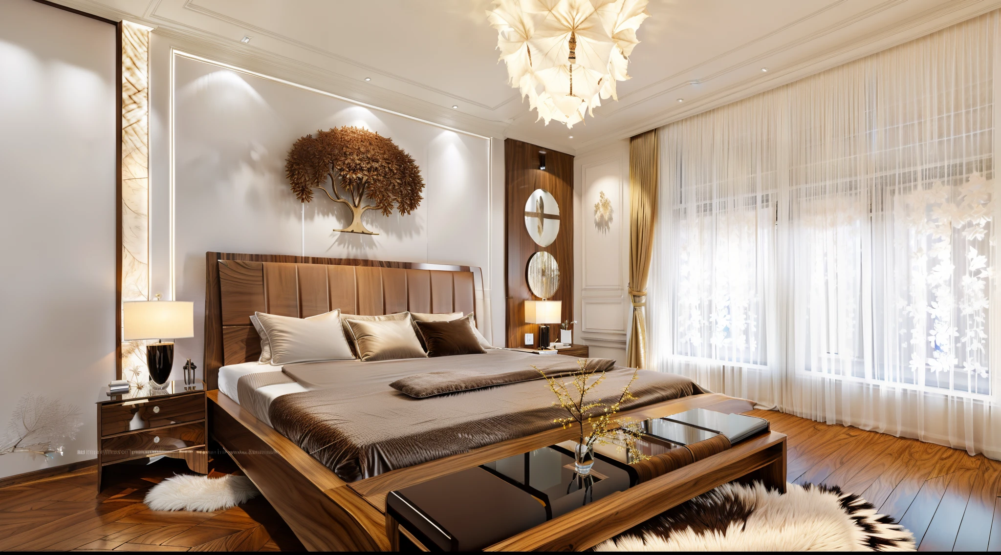 Raw photo, Masterpice, high quality, best quality, authentic super detail, interior bedroom, walnut wood, curtain, glass window, fur carpet, art on wall, sun, background tree, mordern styles...(white wall:1.1),(high detailed :1.2), 8k uhd, dslr, beautifull light, high quality, film grain Fujifilm X3