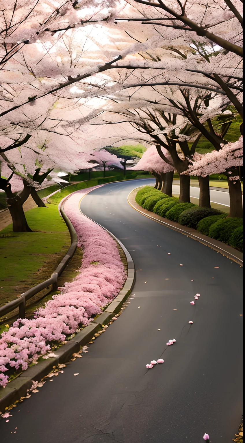 Image of a long and winding road, Sakura cherry blossom in full bloom, Bright light leading to the horizon, bright morning,suns rays