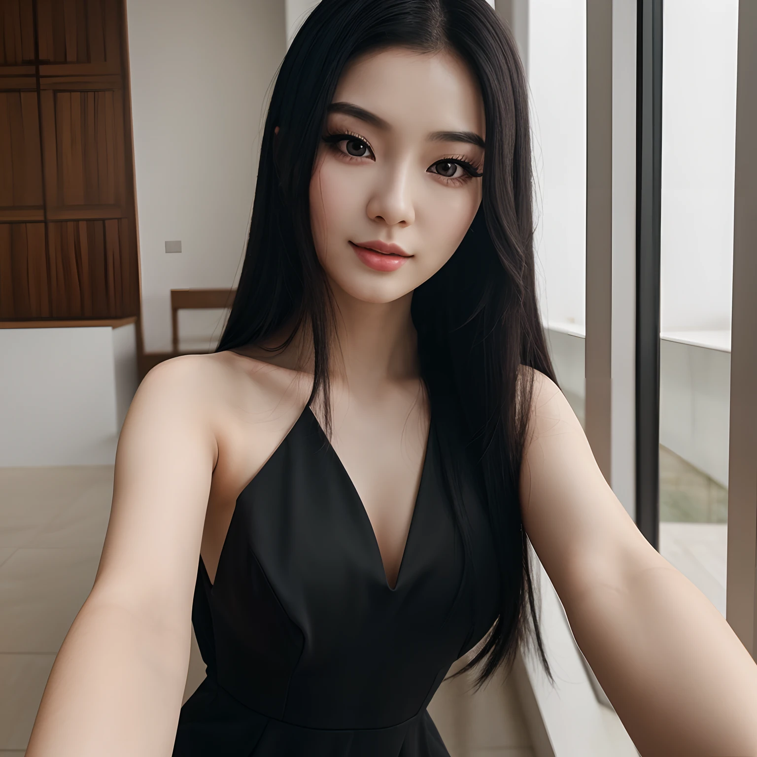 (best quality,realistic:(mulher asiatica:1.1,asiatica:0.9),long black hair,detailed selfie,low-cut dress,natural pale skin),vivid colors,photography,soft lighting