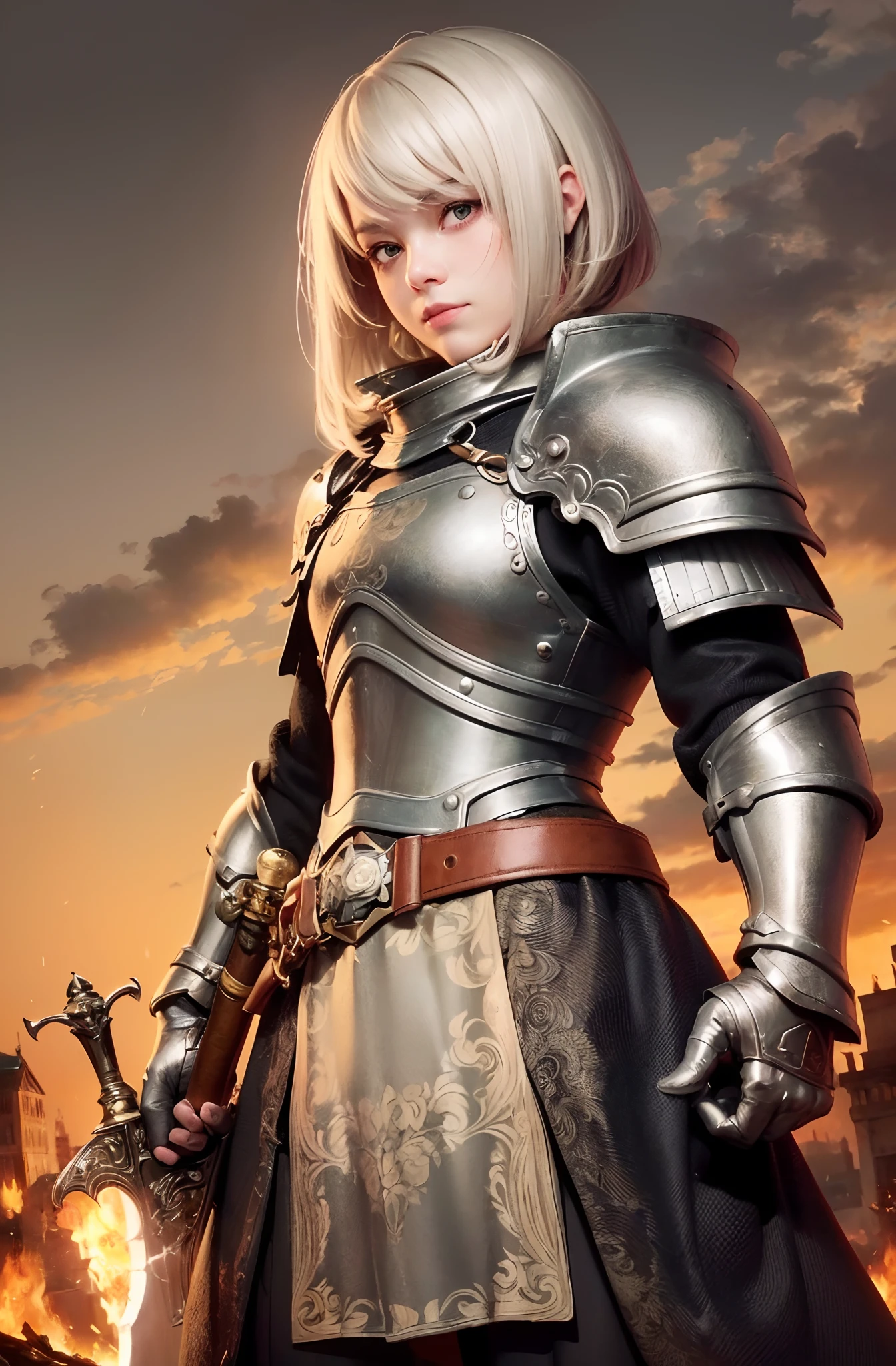 Masterpiece，Best quality，High resolution，8K，((Portrait))，(Head close-up)，Original photo，Real photo，Digital photo，(Female adventurer in medieval fantasy)，(Medieval female warrior in fantasy style)，20 years old girl，((Short gray hair))，((Eyes red，Devil's eyes)，Jewelry，Shut up，Beautiful elegant，((Frowning face, angry)))，Arrogant，Noble and charming，(fantasy battle suit，Fancy battle armor，Knight's gorgeous armor，Metal luster，Delicate magical insignia)，(Devil's body)，Crown，(Battle girl)，Pose for photo，Medieval personality style，Night，Ancient city background，OC render reflection texture

Translated with DeepL.com (free version)