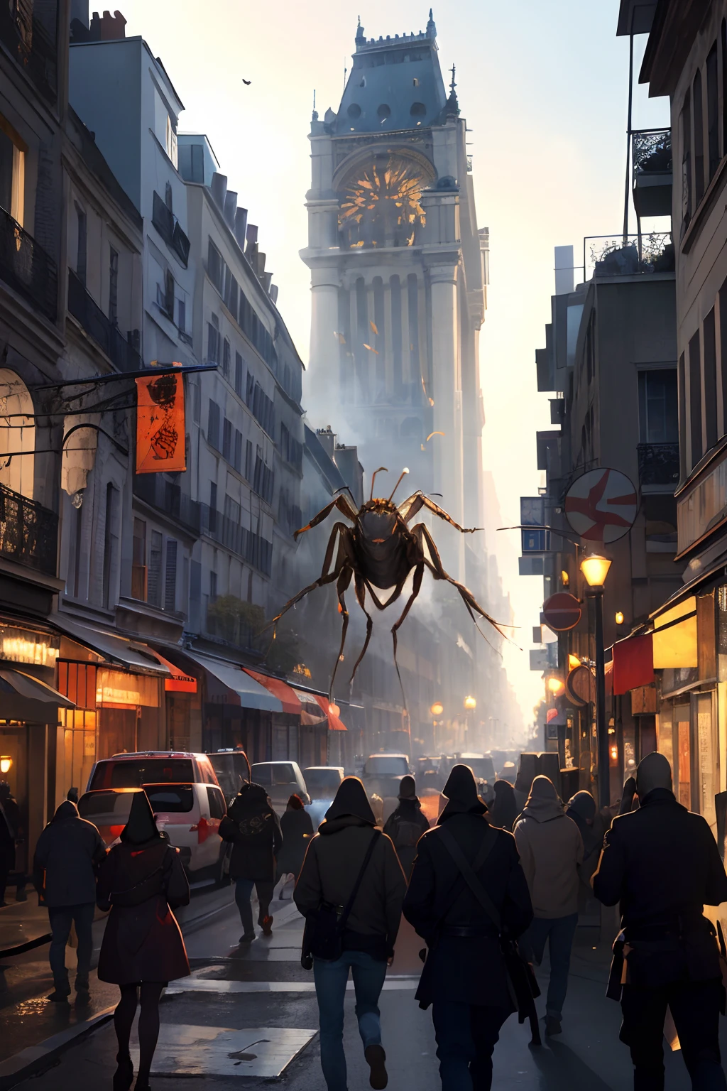(giant bedbug:1.2),Paris,attack,biggest scale,monumental size,bloodsucking insect,nightmarish creature,dark alleyways,chaos and destruction,broken buildings,panicked people,monumental battle,survival struggle,desperate fight,Emperor Napoleon Bonaparte,brave resistance,heroic defenders,burning city,smoke and flames,resilient Parisians,fighting spirit,iconic landmarks,Bastille Day celebrations disrupted,epic battle,flying debris,crumbling structures,surreal scene,unforgettable battle,fear and terror,historic moment,unwavering courage,ultimate showdown,city under siege,urban warfare,embrace the chaos,dystopian nightmare,unstoppable menace,broken dreams,exquisite details.