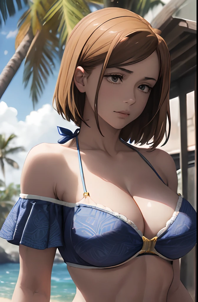 One girl、Ultra-realistic 8kCG,tmasterpiece,((hyper detailed background,delicate patterns,intricate-detail)),best qualtiy,extremely detailed man,extremely detailed eye and face,extremely detailed eye,Strip Strip,(Trepical Garden:1.2),the beach,rays of sunshine,Tyndall effect,enchanting posture,(large full breasts:1.3),(cleaveage:1.3),(Off-the-shoulder costumes:1.5), (((The bikini)))