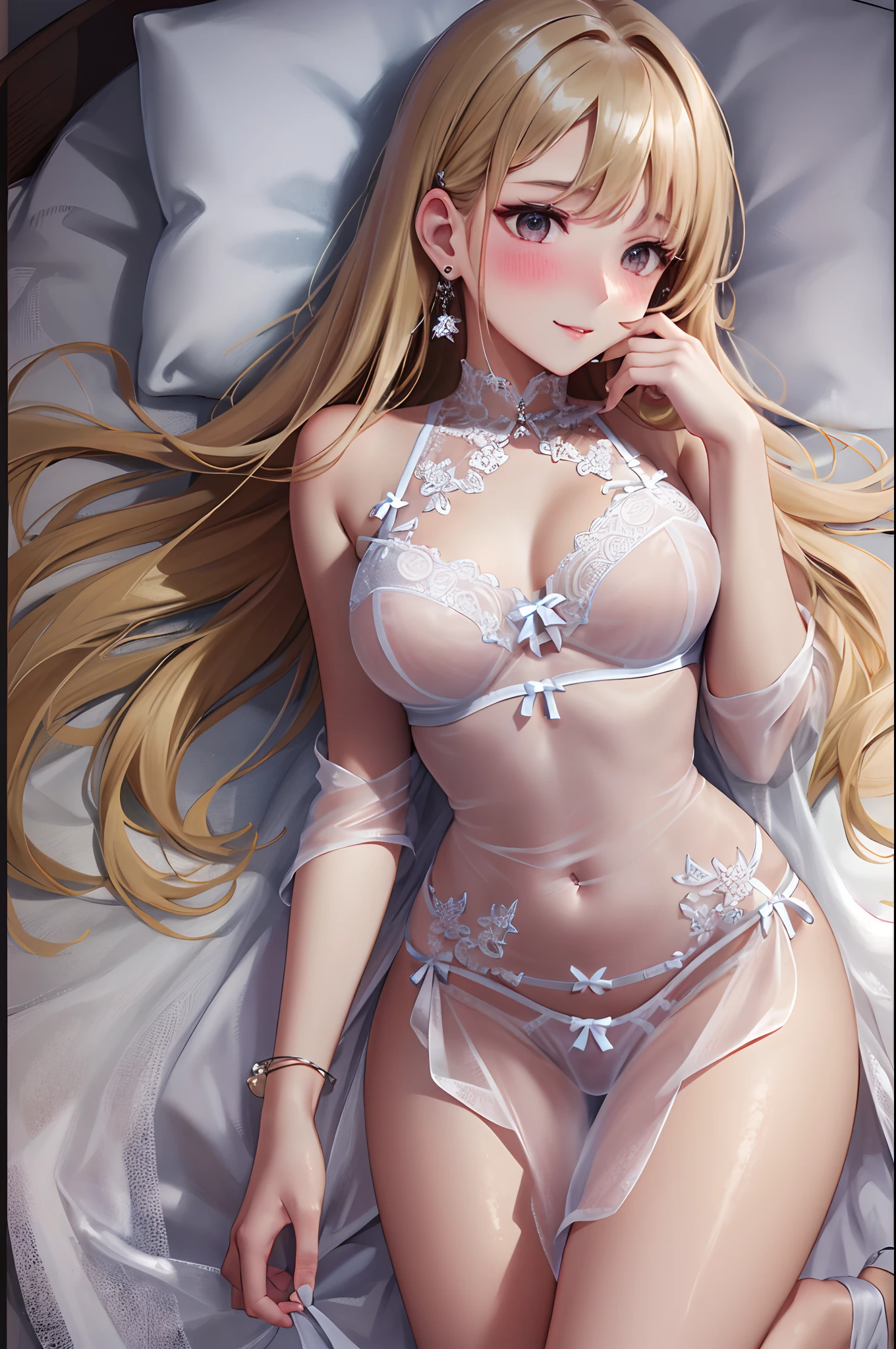 Move the center of gravity back、quite embarrassing、pantyless、Thin leg,top-quality、 超高分辨率、Detailed depiction of the face、The details are described perfectly、Fine face、Beautiful face、Stunning appearance、photorealistic skin tone、Delicate nail depiction、Detailed finger depiction、Detailed foot depiction、Gentle expression、front-facing view、Light effects、on top of the bed、Cute big breasts,CG's art style,(Naked:1.5),(Lingerie transparent:1.5),(Blushing face:1.4),8K,blond hairbl、straight long hair、ssmile、 hair adornments,Wet skirts,Transparent bra,Transparent dress,The thighs open slightly
