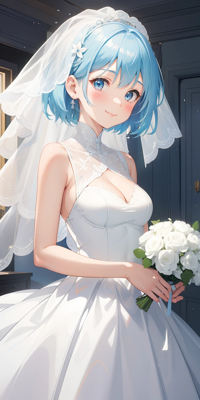 extra detailed face, Perfect Lighting, extremely details CG, 4K、8K、be shy、mournful smile、(Perfect hands, Perfect Anatomy)、Ultra-realistic photo of a girl in a beautiful white wedding dress, Big beautiful dress,all white wedding dress、Silk Veil、Complex puffy ball gown with lots of frills and rhinestones (Best Quality, masutepiece, art stations, Fantasy Art:1.2),chies,chapel、Beautiful stained glass、Beautiful bouquet、Beautiful cute girl, Rem of Rezero、(Blue shorthair:1.3), Bangs hide one eye、(Complex short gold skirt, Bare legs:1.2, Full body shot)、very Bigger breasts、cleavage of the breast、Nipples show through、White panties、(Clearly visible detailed female pubic shape: 1.4)、skirt rift、Thin leg、Skinny Legs、very very short skirt、low angles、Peeking out the skirt from below