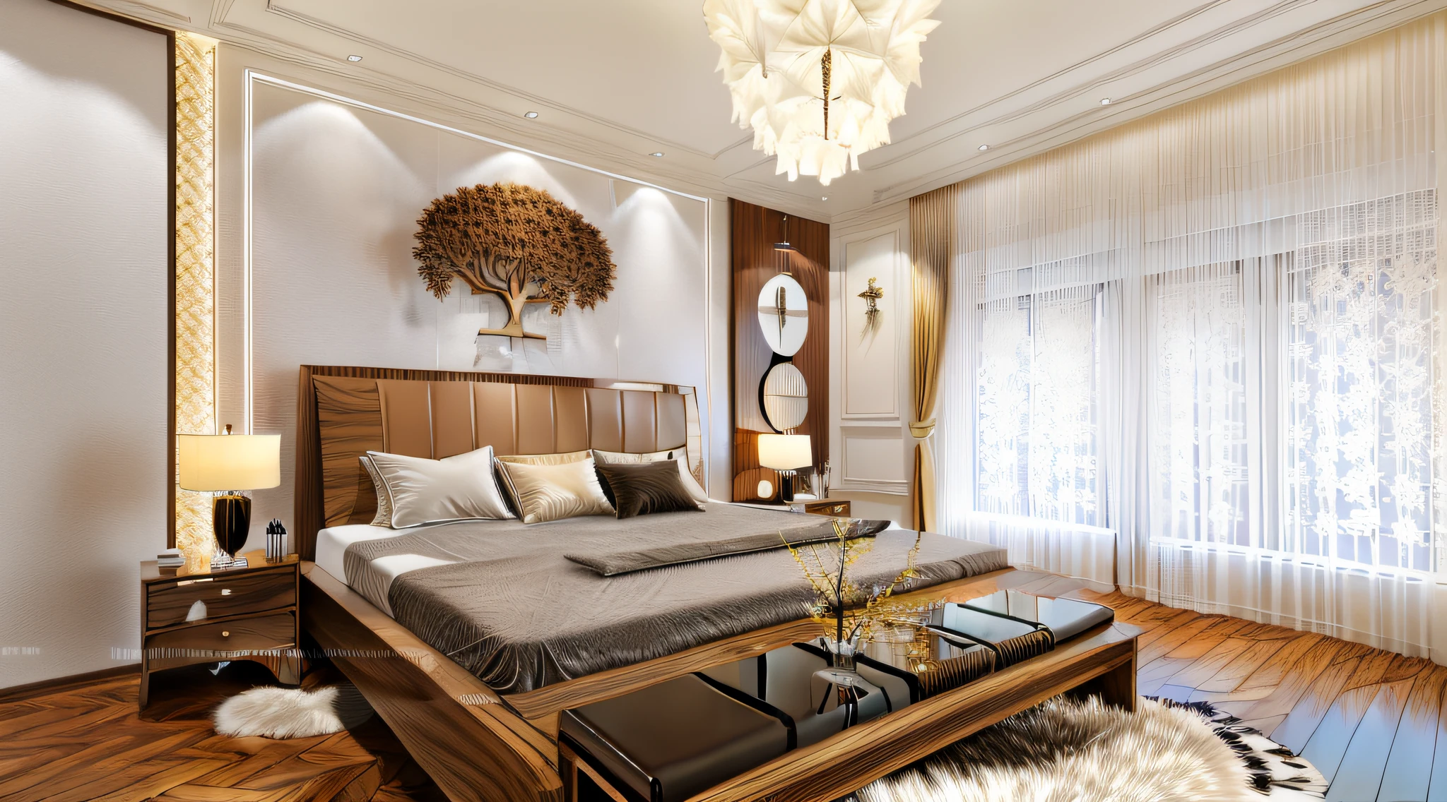 Raw photo, Masterpice, high quality, best quality, authentic super detail, interior bedroom, walnut wood, curtain, glass window, fur carpet, art on wall, sun, background tree, mordern styles...(white wall:1.1),(high detailed :1.2), 8k uhd, dslr, beautifull light, high quality, film grain Fujifilm X3