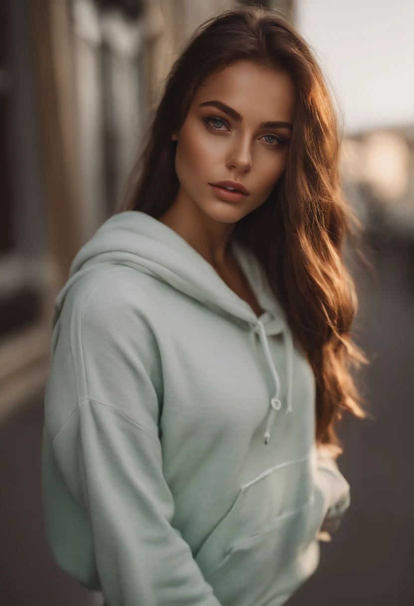 arafed woman with a white (oversized hoodie) and a necklace, sexy girl with green eyes, portrait sophie mudd, brown hair and large eyes, selfie of a young woman, bedroom eyes, violet myers, without makeup, natural makeup, looking directly at the camera, face with artgram, subtle makeup, stunning closeupheadshot, piercing green eyes