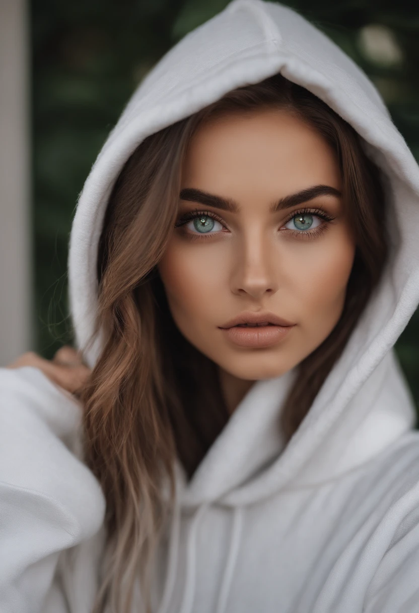 arafed woman with a white (oversized hoodie) and a necklace, sexy girl with green eyes, portrait sophie mudd, brown hair and large eyes, selfie of a young woman, bedroom eyes, violet myers, without makeup, natural makeup, looking directly at the camera, face with artgram, subtle makeup, stunning closeupheadshot, piercing green eyes