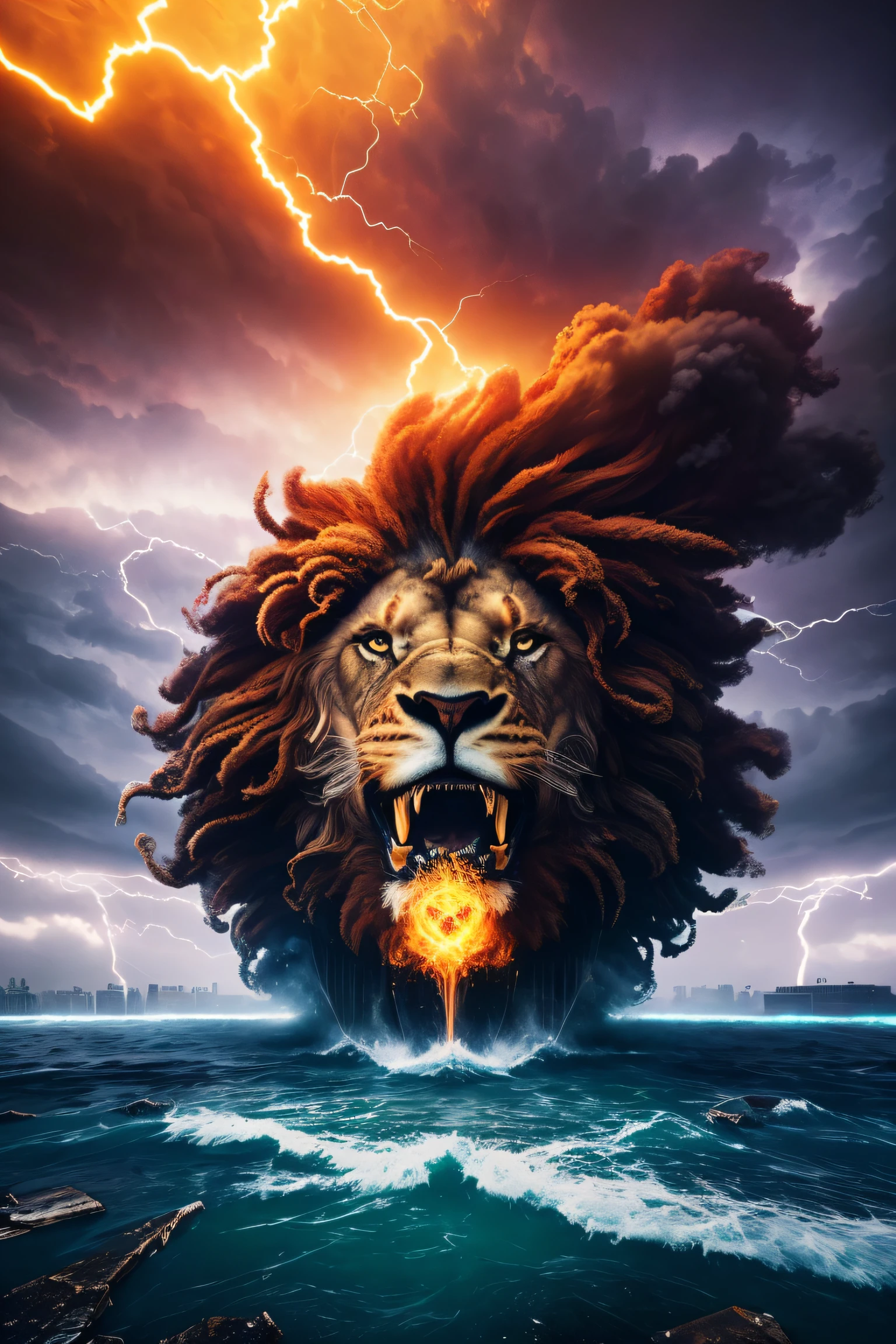 raised lion made of highly detailed curly swirls, thin glowing smoke of various colors, enraged and violent lion, digital art, volumetric, 3D rendering, Octane render, photography, vibrant, graffiti, dark fantasy, wildlife photography, illustration, design dynamic, watercolor splashes incorporated as complementary elements, super chaos, hyperrealistic city hit by an epic and spectacular thunderstorm, apocalyptic, chaotic and hyperrealistic photography, splash effect, the most spectacular image in history, 8k, image created with a camera Sony A7SIII, many details, 8k, (cinemagraphs) The Phi phenomenon (Mark Wertheimer)