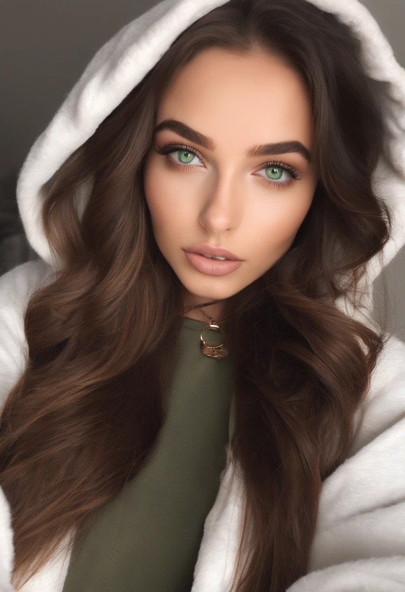 arafed woman with a white (perfect oversized hoodie) and a necklace, sexy girl with green eyes, portrait sophie mudd, brown hair and large eyes, selfie of a young woman, bedroom eyes, violet myers, without makeup, natural makeup, looking directly at the camera, face with artgram, subtle makeup, stunning closeupheadshot, piercing green eyes