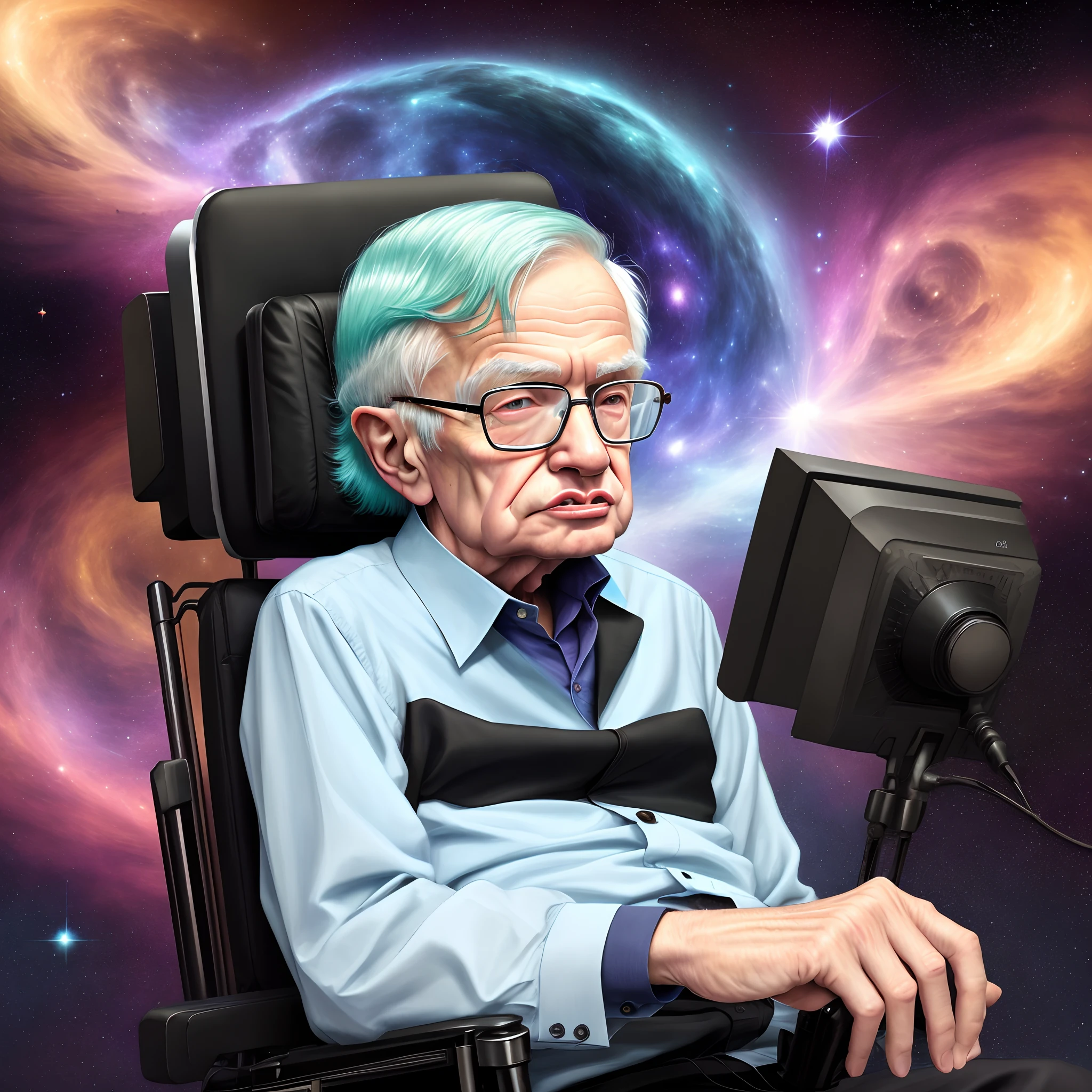 Old man with glasses, estilo Stephen Hawking, with a futuristic hair of the galaxies.