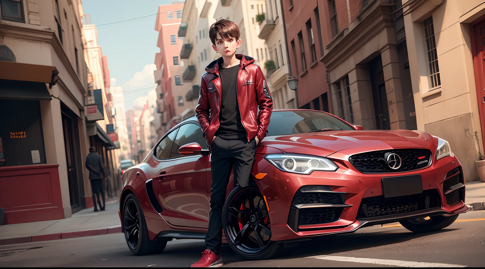 A boy with a car drink red vine street futuristic background realistic