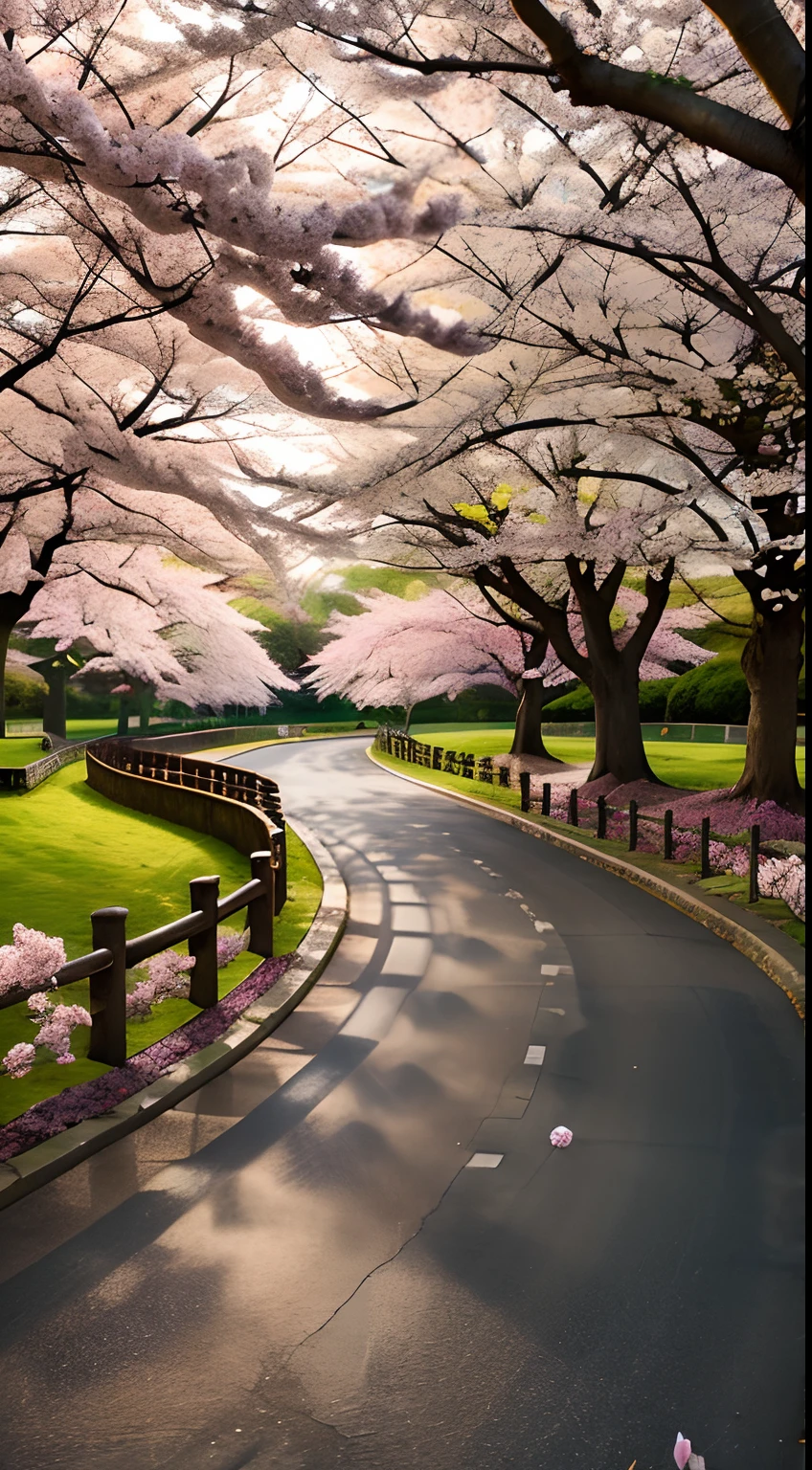 Image of a long and winding road, Sakura cherry blossom in full bloom, Bright light leading to the horizon, bright morning,suns rays