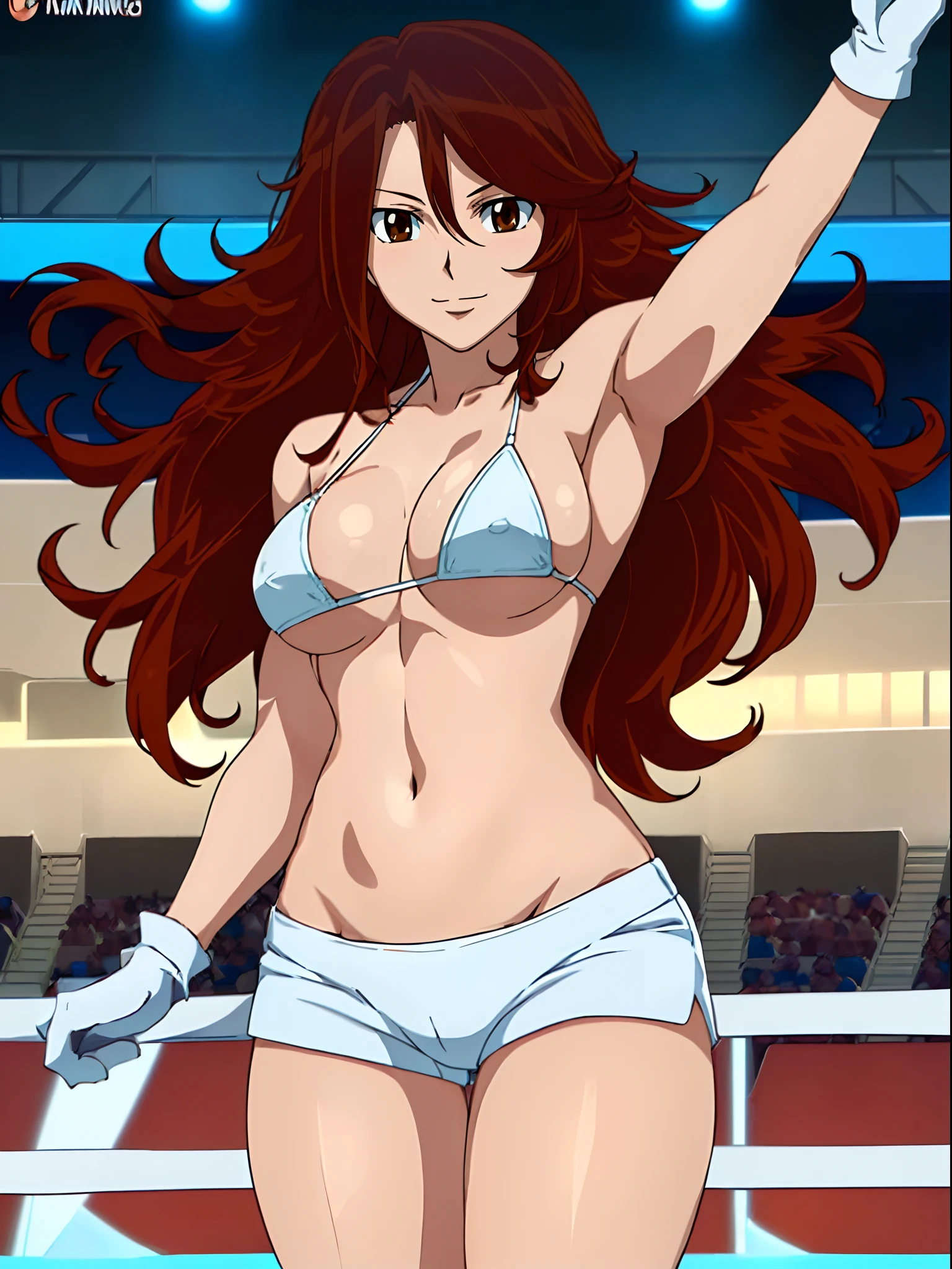 cowboy shot, body view, anime style: 1.8, anime drawing, ultra detailed face, ultra detailed body, 4k, Sumergai Lee Noriega, (standing), best quality, anime style, hires, highest definition, digital blending, bold drawing lines, ((, female wrestler), (location: wrestling arena, crowds watching), (tall,  little biceps, thighs), ((white micro bikini, shorts, groin, , white gloves, collar)), victorious, winner, smile, , (big breasts), (big eyes, brown eyes), (warming up), (brown hair, loose hair, curly hair, wavy hair, long hair, missy hair), 27 years old,