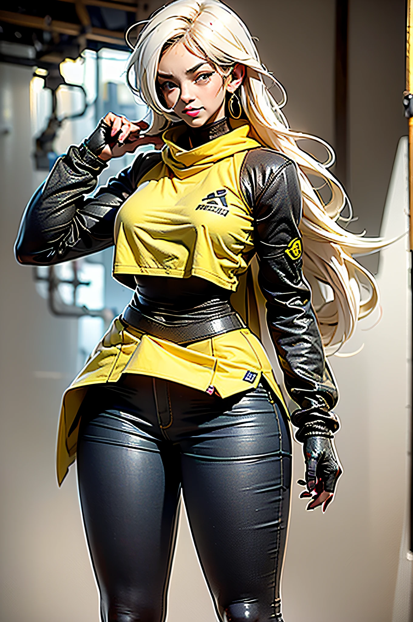 best quality, highres, solo, blonde hair, a female character is wearing a yellow and black colored outfit with a backpack and a yellow vest, dark black and yellow travel & sports leisure, blue eyes, long hair, hoop earrings, headphones, chunky cuban link jewelry, medium breasts, loose and fluid, pigeoncore, elaborate costumes, neo-dadaist, outdoor conference, mechanized precision, in the style of mecha sci-fi anime