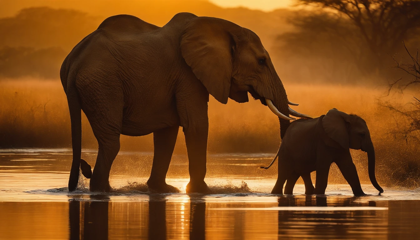 "Capture a moment of harmonious coexistence in the African savanna. Frame a scene where a majestic lion and a massive elephant are peacefully quenching their thirst from the same watering hole at the heart of the wilderness. The early morning light should cast a warm, golden hue across the landscape, illuminating the animals and surrounding vegetation. Emphasize the details in the lion's powerful muscles, the elephant's textured skin, and the subtle ripples in the water as they drink. Highlight the natural beauty and tranquility of this shared moment between two iconic African creatures."