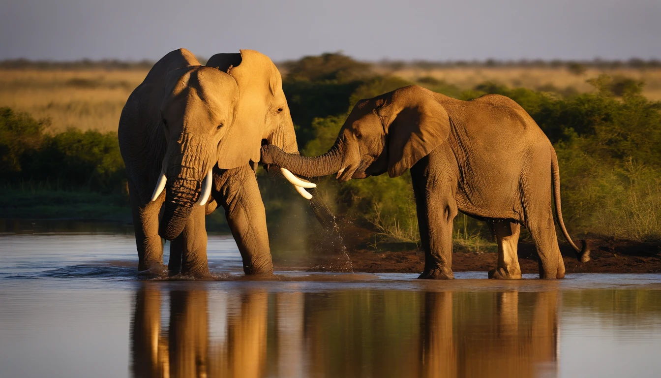 "Capture a moment of harmonious coexistence in the African savanna. Frame a scene where a majestic lion and a massive elephant are peacefully quenching their thirst from the same watering hole at the heart of the wilderness. The early morning light should cast a warm, golden hue across the landscape, illuminating the animals and surrounding vegetation. Emphasize the details in the lion's powerful muscles, the elephant's textured skin, and the subtle ripples in the water as they drink. Highlight the natural beauty and tranquility of this shared moment between two iconic African creatures."