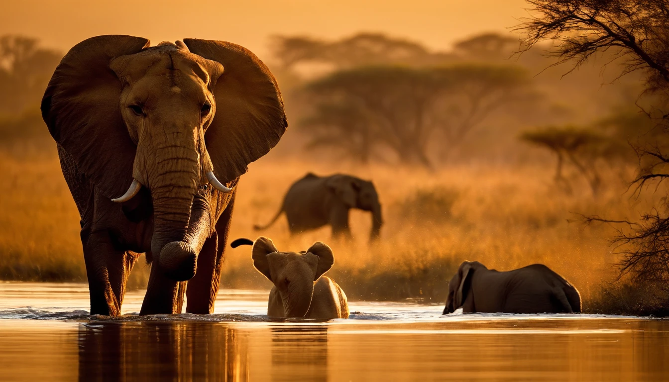"Capture a moment of harmonious coexistence in the African savanna. Frame a scene where a majestic lion and a massive elephant are peacefully quenching their thirst from the same watering hole at the heart of the wilderness. The early morning light should cast a warm, golden hue across the landscape, illuminating the animals and surrounding vegetation. Emphasize the details in the lion's powerful muscles, the elephant's textured skin, and the subtle ripples in the water as they drink. Highlight the natural beauty and tranquility of this shared moment between two iconic African creatures."