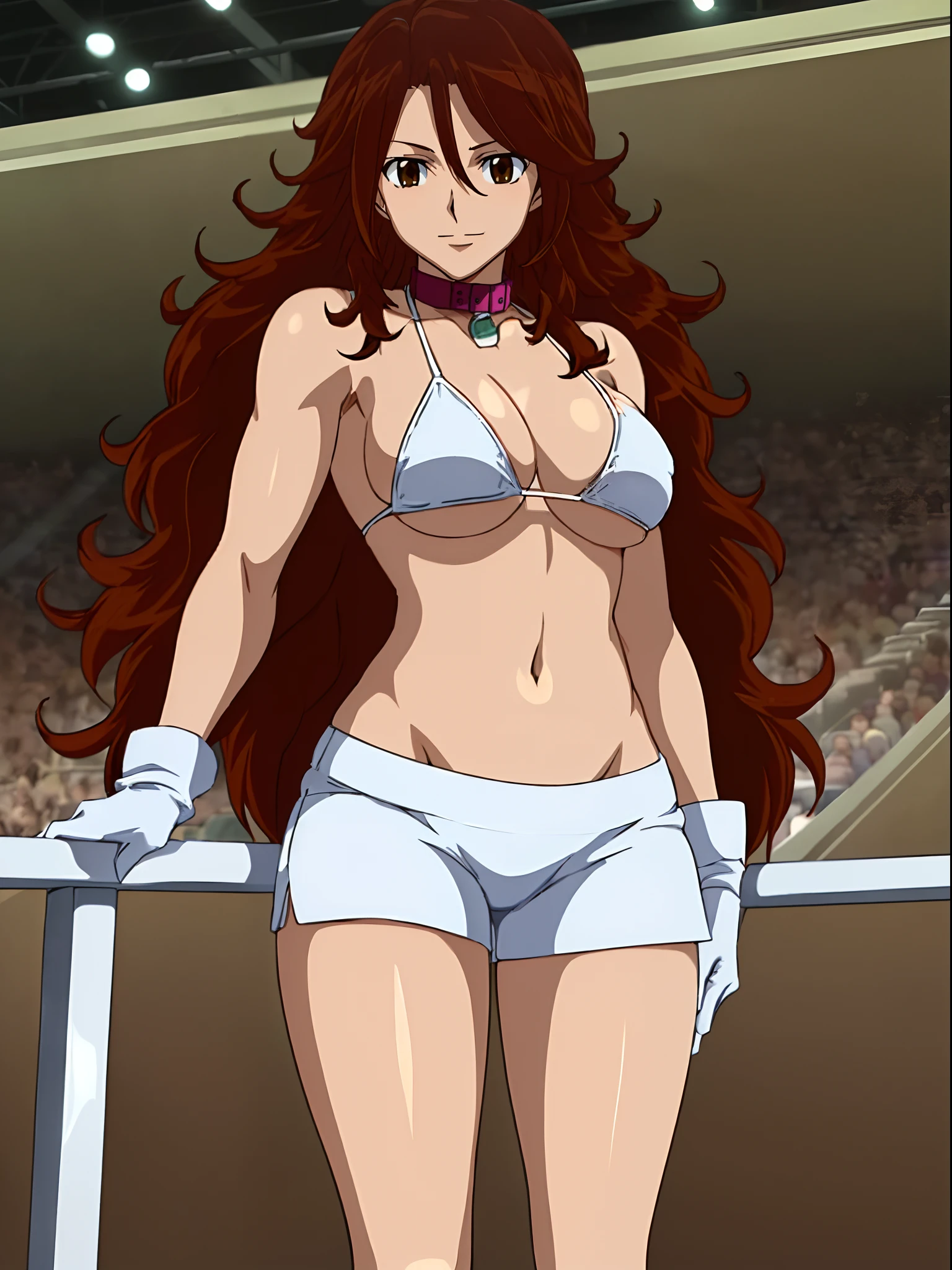 cowboy shot, body view, anime style: 1.8, anime drawing, ultra detailed face, ultra detailed body, 4k, Sumergai Lee Noriega, (standing), best quality, anime style, hires, highest definition, digital blending, bold drawing lines, ((, female wrestler), (location: wrestling arena, crowds watching), (tall, little biceps, thighs), ((white micro bikini, shorts, groin, , white gloves, collar)), victorious, winner, smile, , (big breasts), (big eyes, brown eyes), (warming up), (brown hair, loose hair, curly hair, wavy hair, long hair, missy hair), 27 years old,
