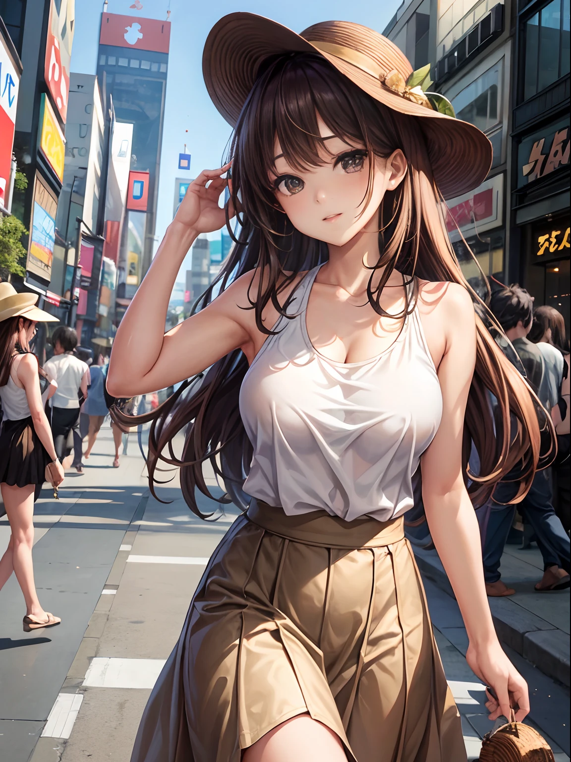 top-quality、Full limbs、complete fingers、one beautiful women、Beautiful Large Breasts、Medium Hair、((Random hair))、Brown hair、Black Sleeveless Tops、Long skirt in beige color、Shibuya、sexypose、、Crisp face、hat