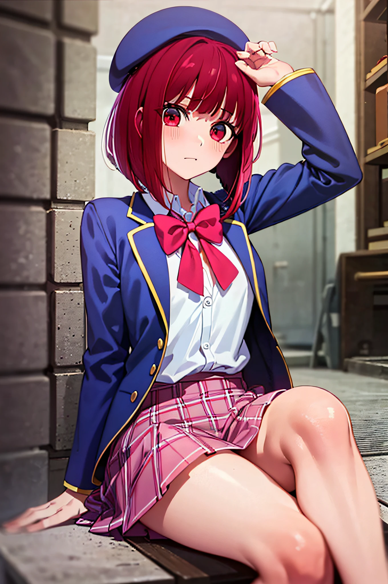 red eyes, red hair, ((bob hair)), school_uniform, blue beret, pink_red bowtie, blue_jaket, miniskirt, nsfw, (sitting), (pantyshot:1.5), (cameltoe:1.2)