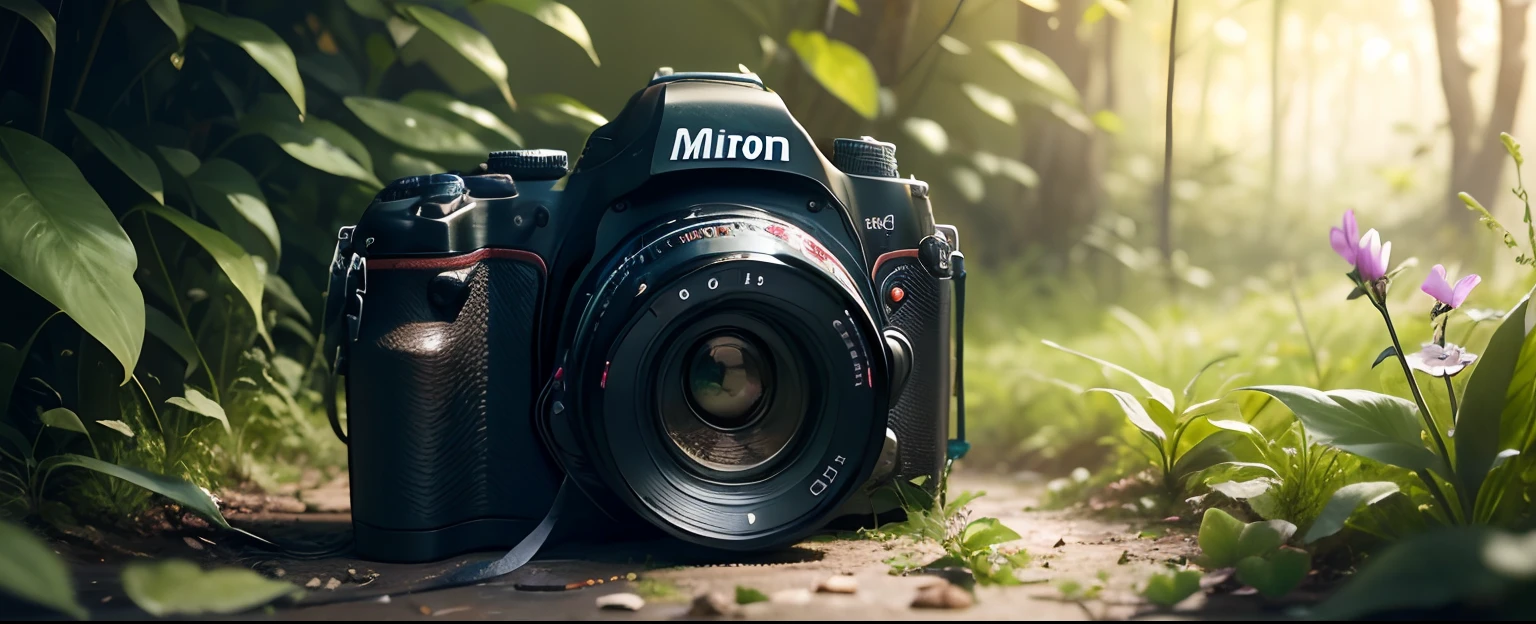 Camera abandoned in the wild, recouvert de mousse, avec des papillons et des fleurs