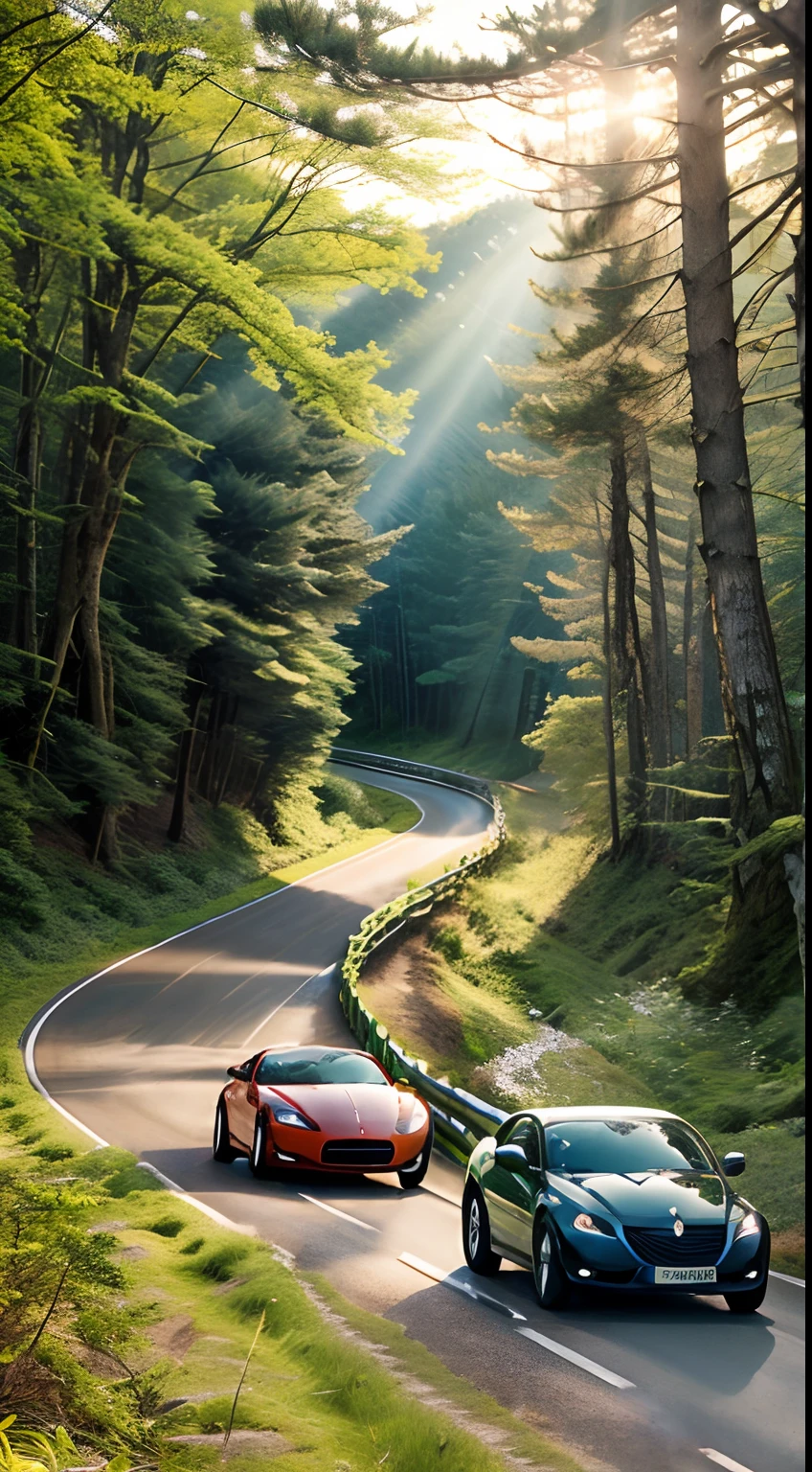 Image of a long and winding road cars , dense forest in spring , Bright light leading to the horizon，suns rays on the road
