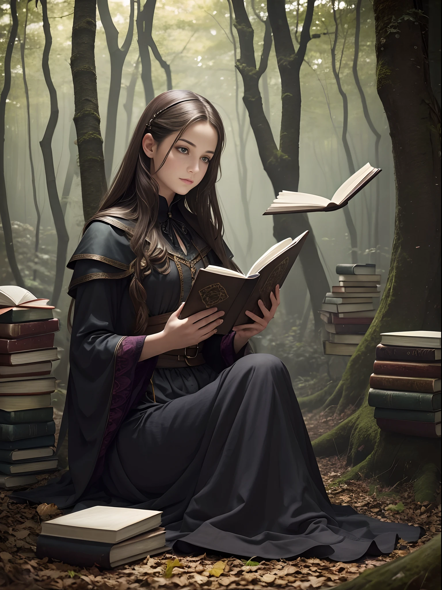 a woman sitting on the ground surrounded by books, flying books, books flying around, dramatic reading spell book pose, high quality fantasy, flying magic books, book portrait, dramatic reading book pose, reading, sitting in the forrest, gothic