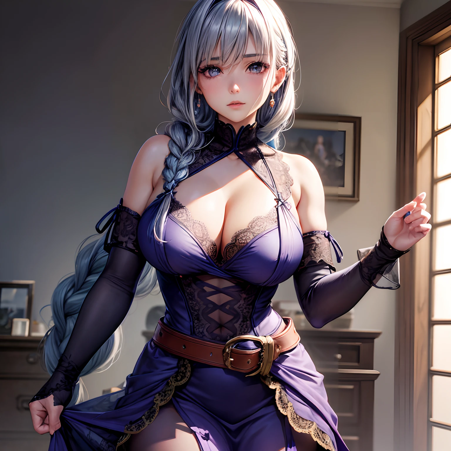 Scene with close-up focus, Pretty woman, Gray eyes, light blue braided hair[Eye Shadow] [Blushing]{{thighs}}{{medium-sized breasts}} Short purple dress with a belt at the center, sheer shoulders and sheer collar [[[[[[[[[[Intricately detailed outfit]]]]]]]]]], At home,Dynamic pause, soft volumetric lighting, perfect anatomy [Perfect anatomy of the eyes] highly detail, hdr, detailed face, glossy, Smooth, flawless skin, realistic details, hdr, 8k