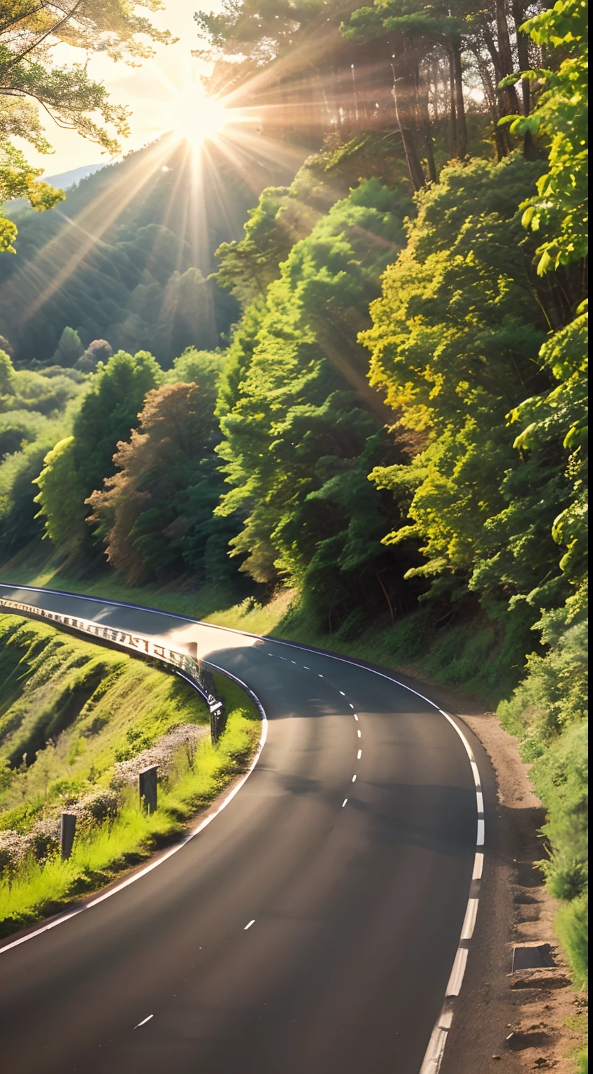 Image of a long and winding road cars , dense forest in spring , Bright light leading to the horizon,suns rays on the road