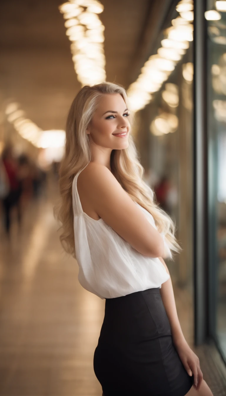 professional, (4k-photo:1.1) By (JeremyLipking:0.3), (Dietman Anna:0.3), (arian mark:0.3), (Sharp focus:1.3), High detail, Wearing (Low-top shirts:1.2), Beautiful detailed face, browneyes, Long blonde hair, (Attractive young woman:1.3), (Seductive:1.1), (Blushing:1.1), Hourglass body type, great circle, Wide buttock, blonde goddess, tight costume, tight attire, seductive grin smile, Pretty face, Perfect white haired girl, satisfied pose, cute seductive smile, beautiful blonde girl, Good young girl, Beautiful angle, Attractive pose, Cute girl, Sexy pose, gorgeous blonde, Full body picture, full bodyesbian, full body shot of, Wearing a black skirt and boots in a mall